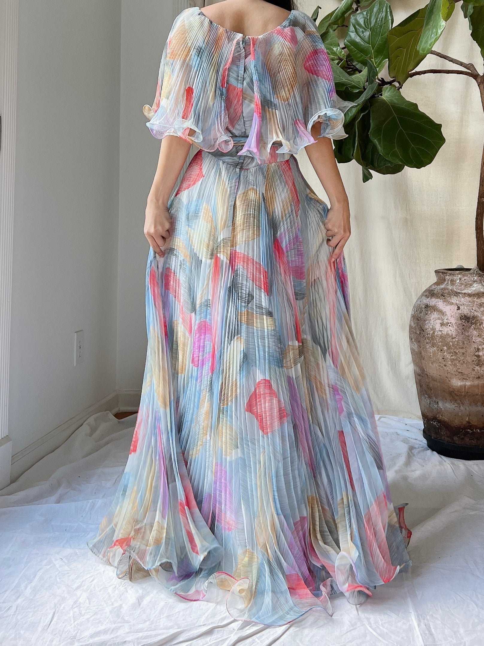 Vintage Pleated Abstract Dress - M