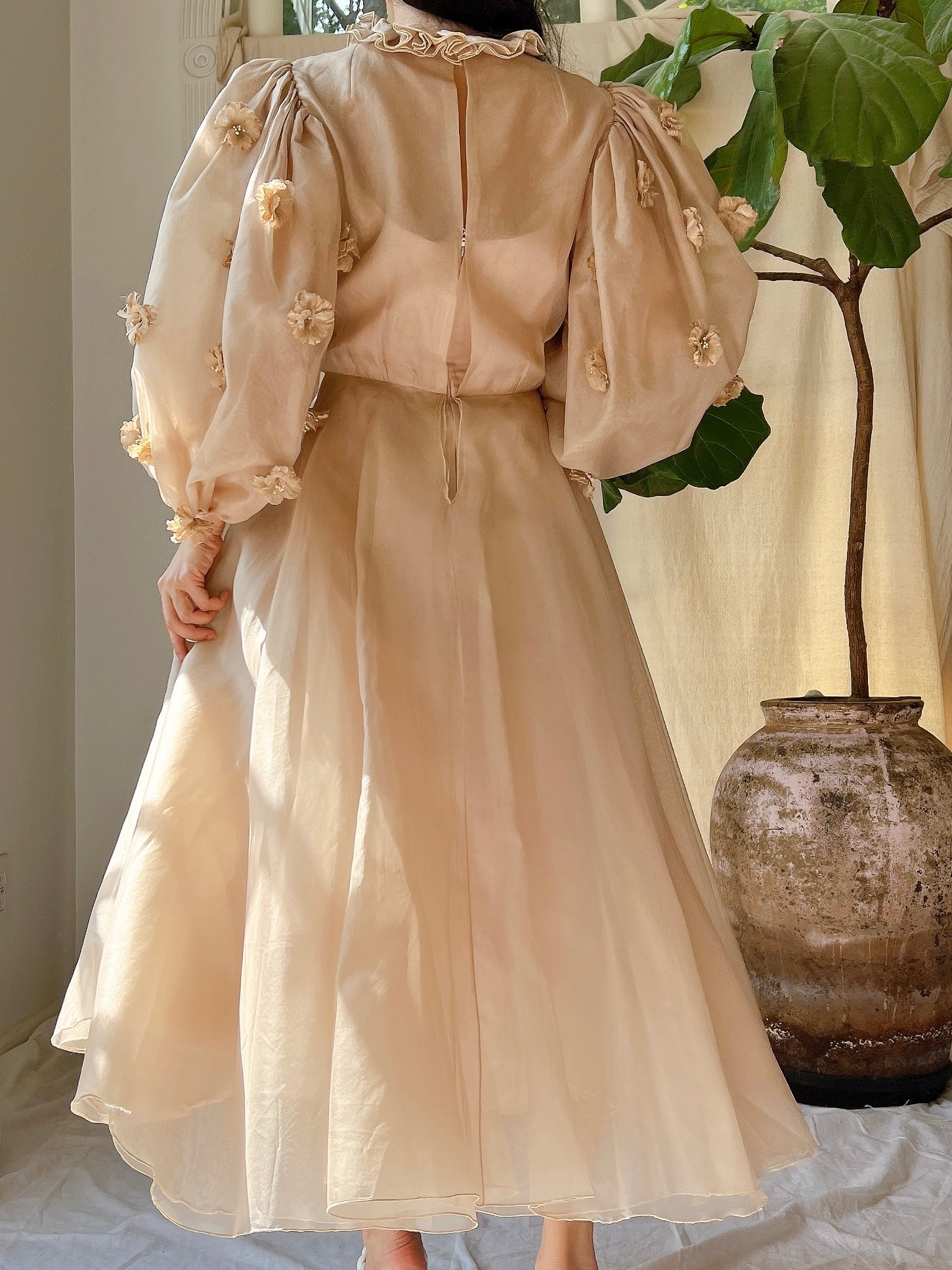Rare 1960s Silk Organza Balloon Sleeves Dress - S/M