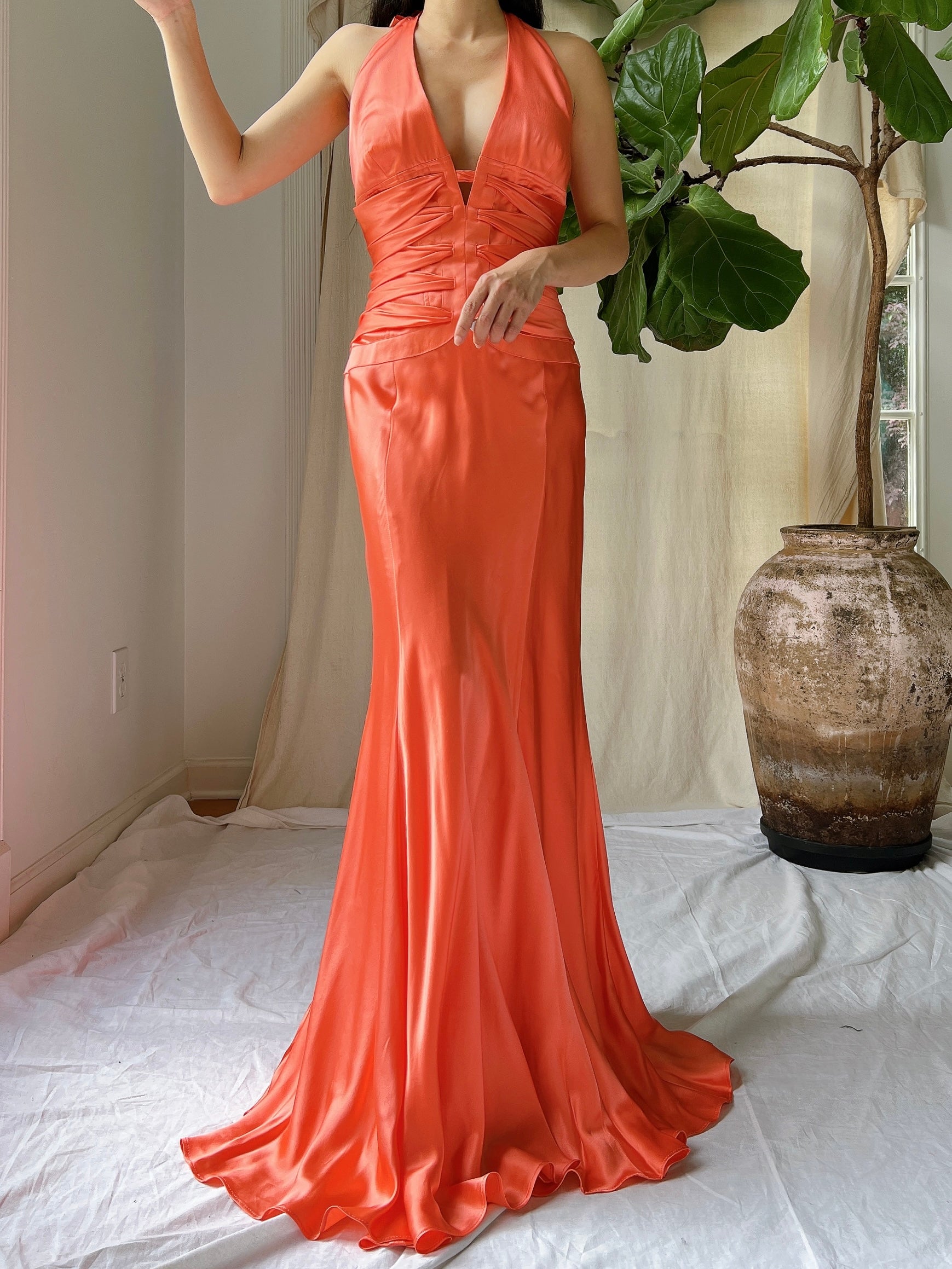 Vintage Silk Coral Plunge Gown - M