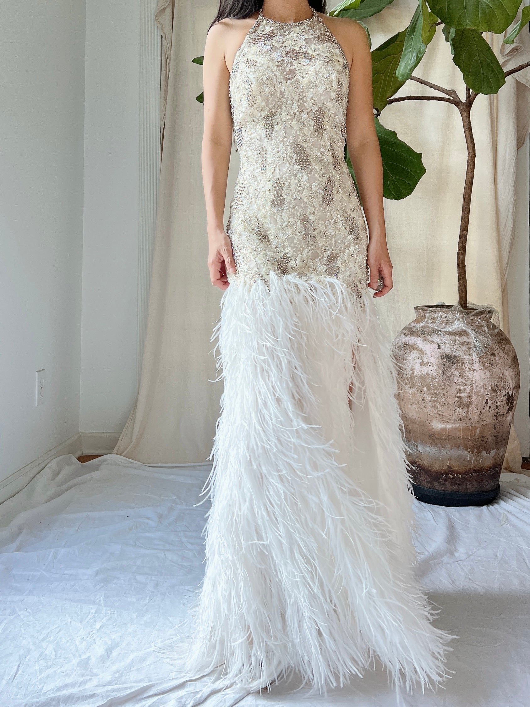 1990s Crystal Lace and Feather Gown - XS
