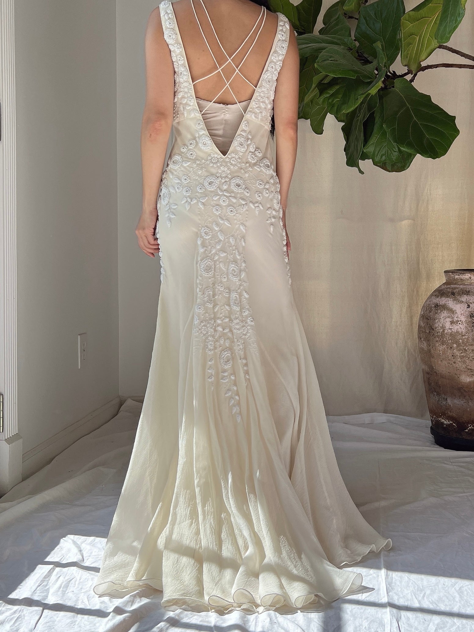 Vintage Silk Embroidered Bias Cut Gown - S/M