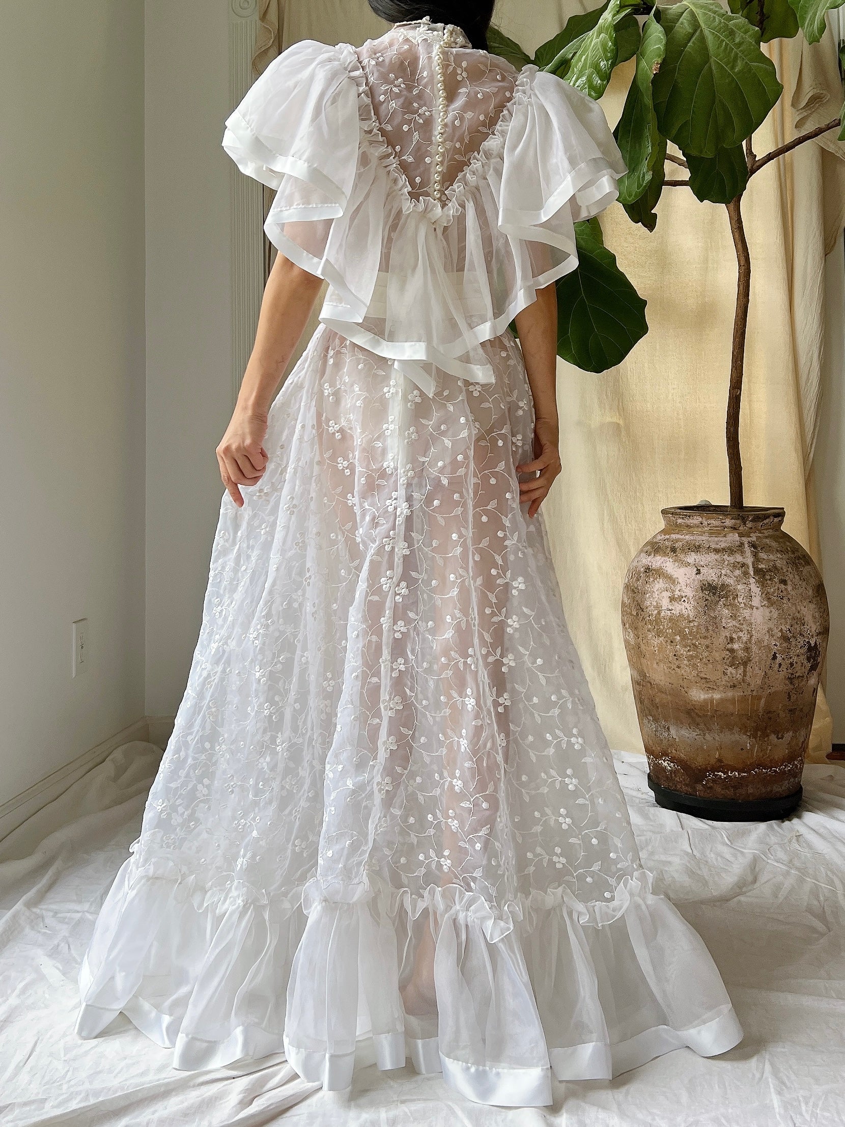 Vintage Ruffle Sheer Embroidered Dress - S