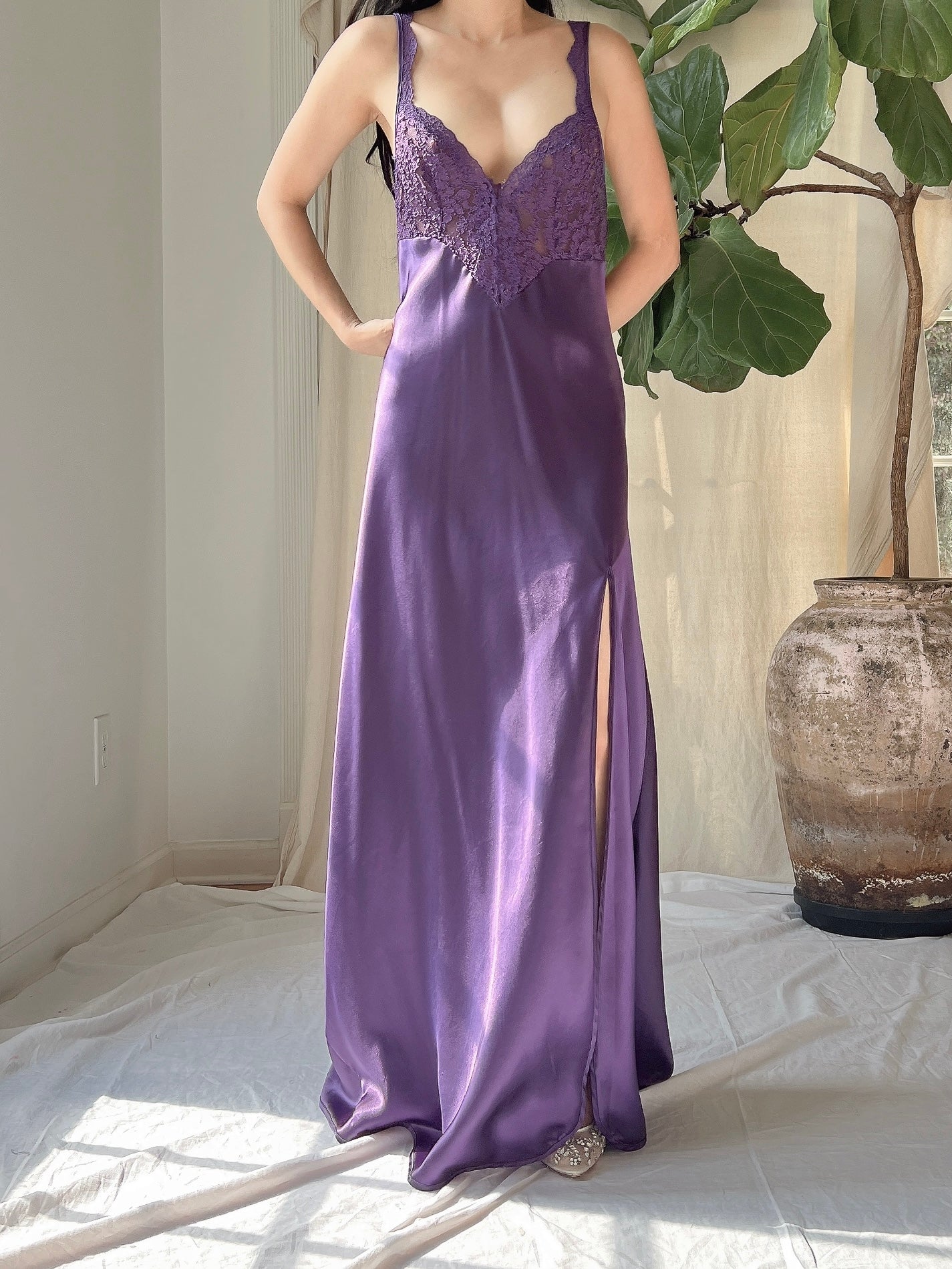 Vintage Purple Satin Side Split Slip Dress - M