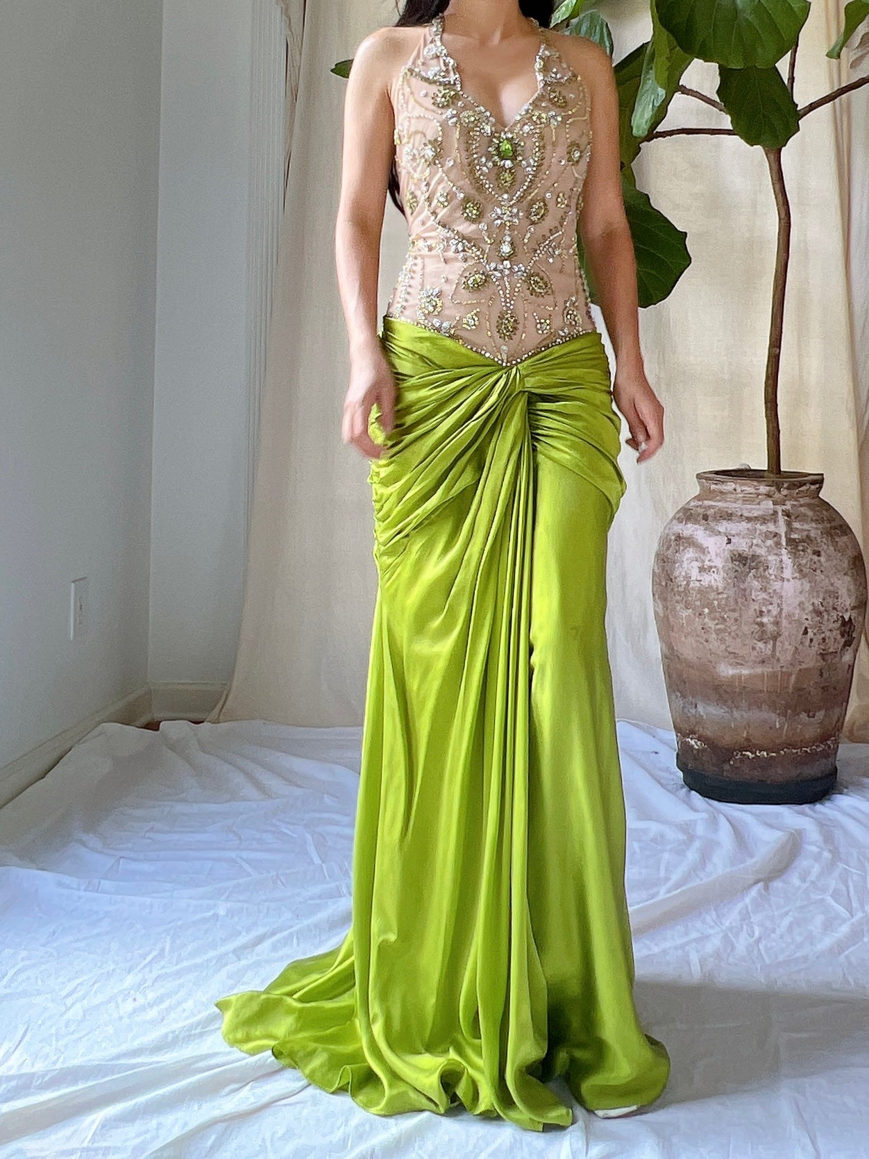 Vintage Silk Illusion Chartreuse Gown - M/8