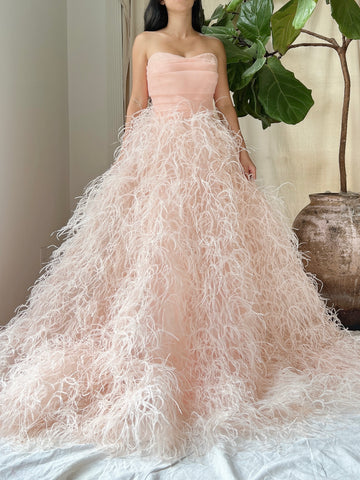 Monique Llhuilier Pink Silk Feather Gown - M/L 10