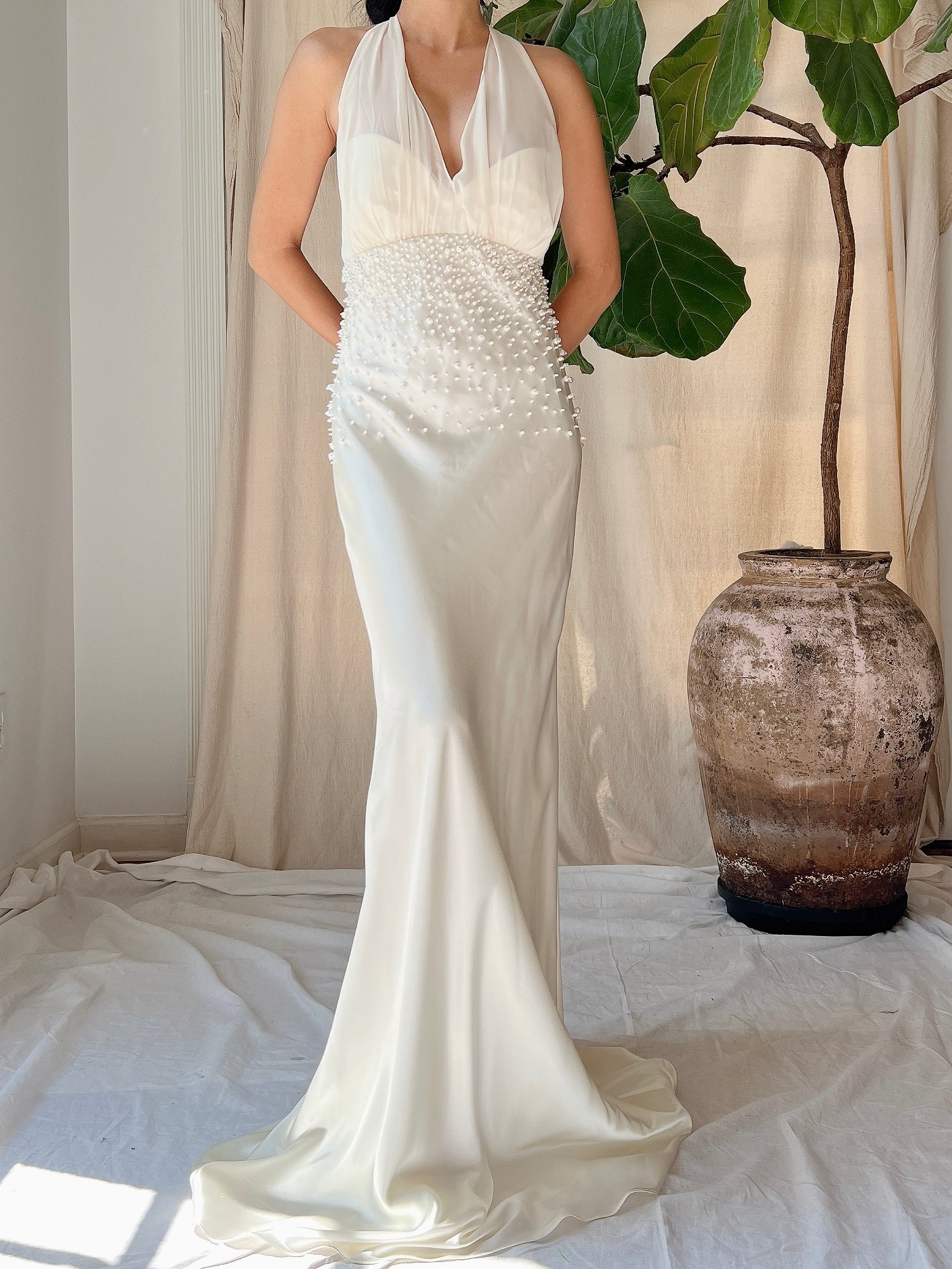 Vintage Pearl Beaded Satin Dress - M/8