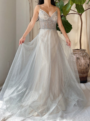 Silver Blue Tulle and Crystal Gown - M/6