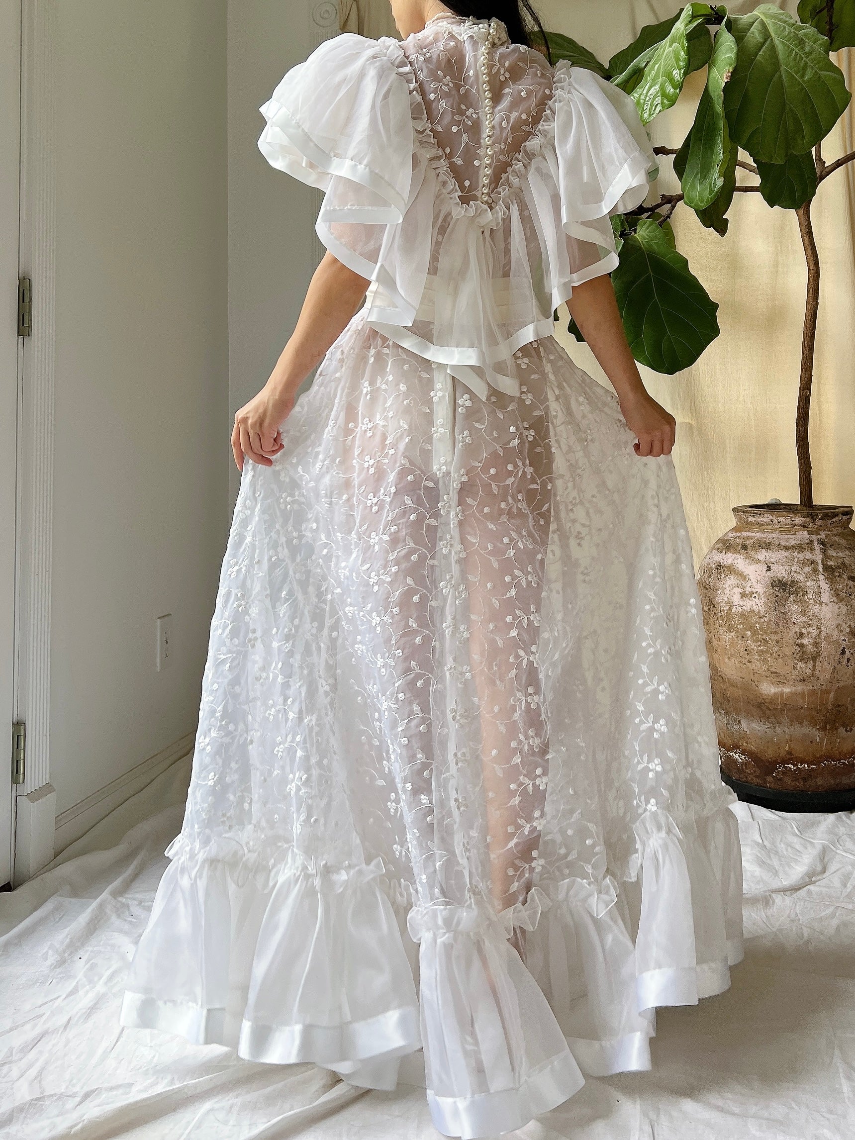 Vintage Ruffle Sheer Embroidered Dress - S