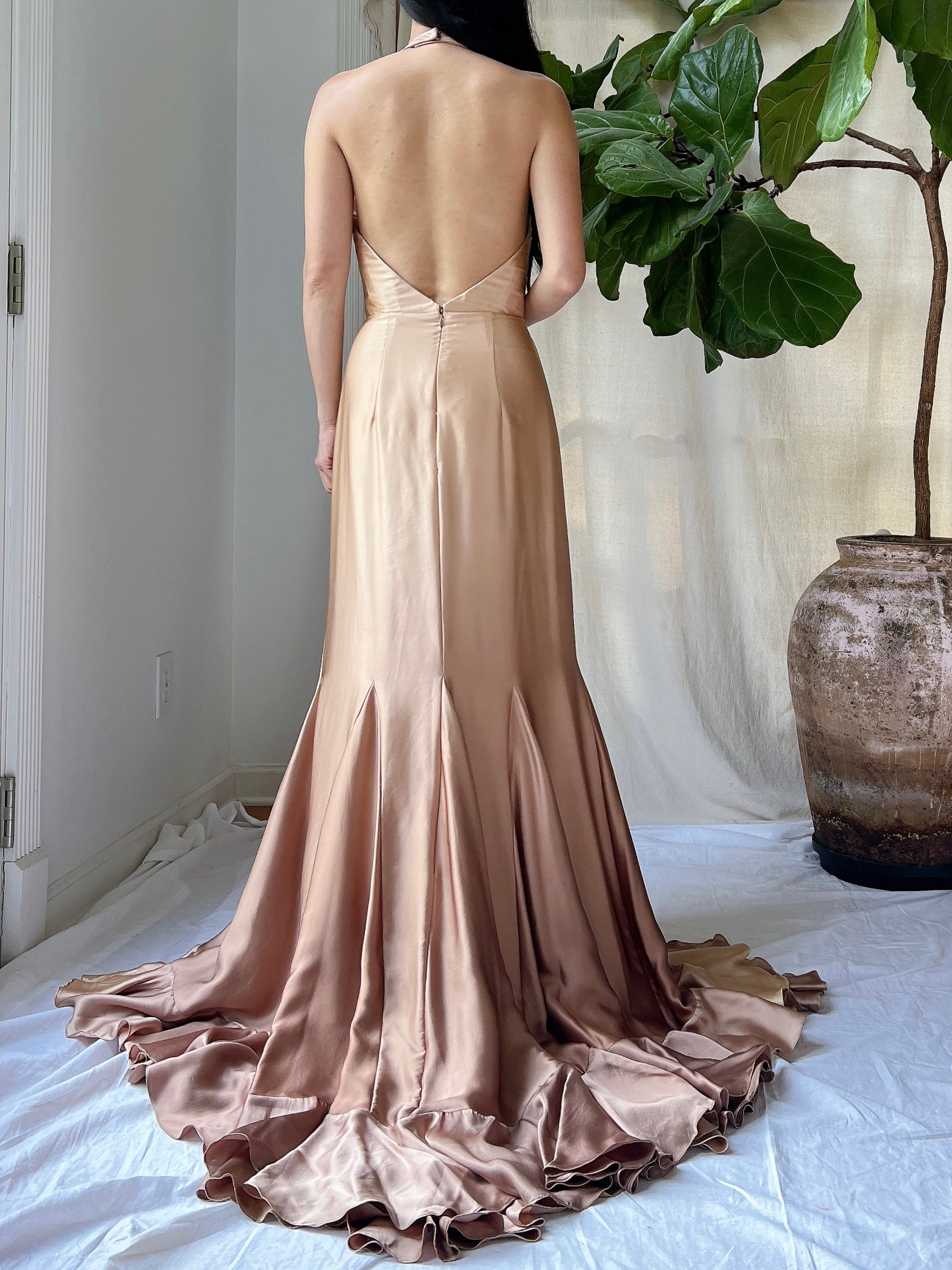 Vintage Silk Ombre Ruffle Front Gown - M
