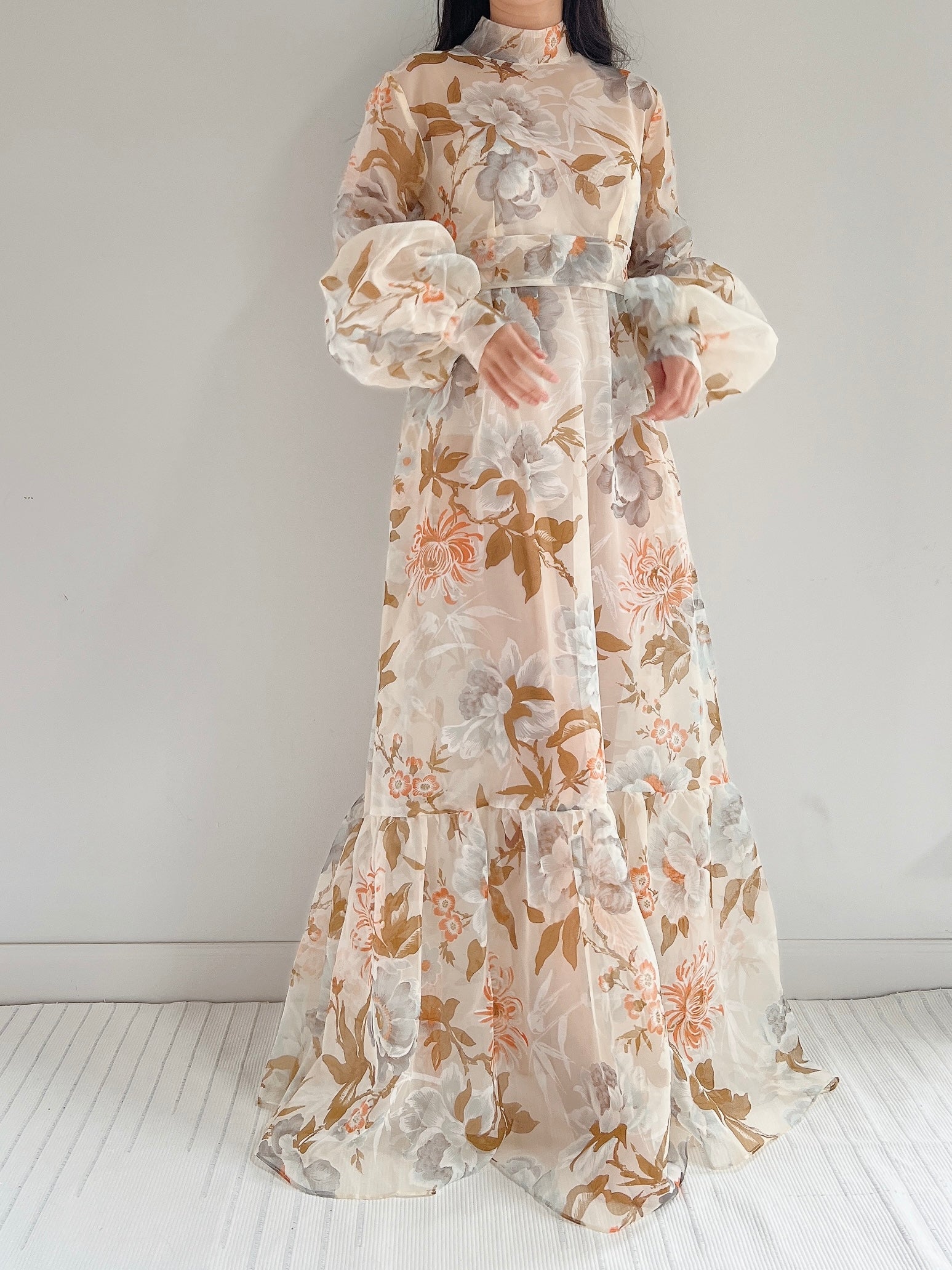 Vintage Sheer Voile Floral Gown - L