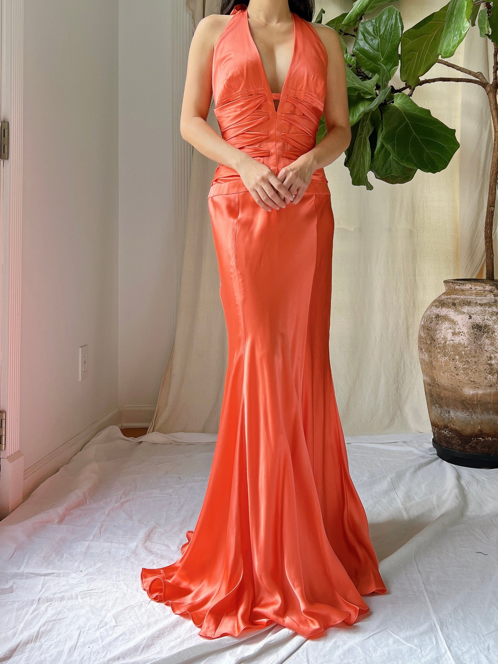 Vintage Silk Coral Plunge Gown - M