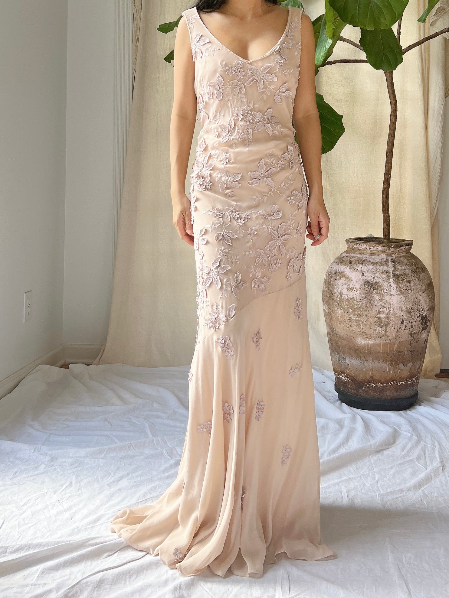 Vintage Silk Dusty Rose Applique Gown - M
