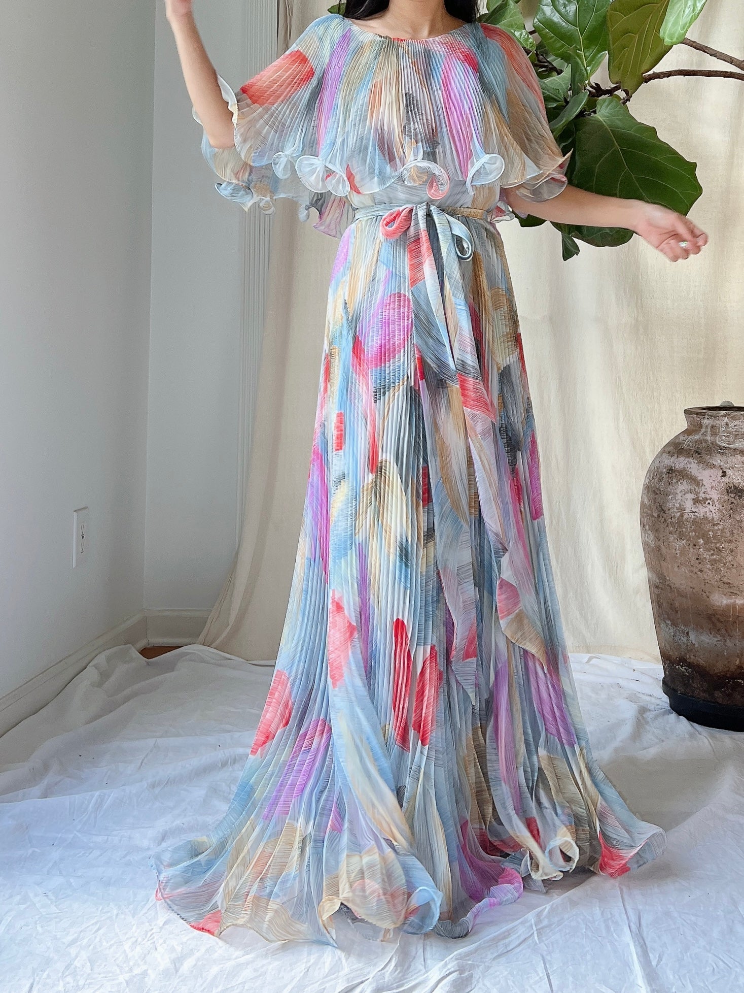 Vintage Pleated Abstract Dress - M