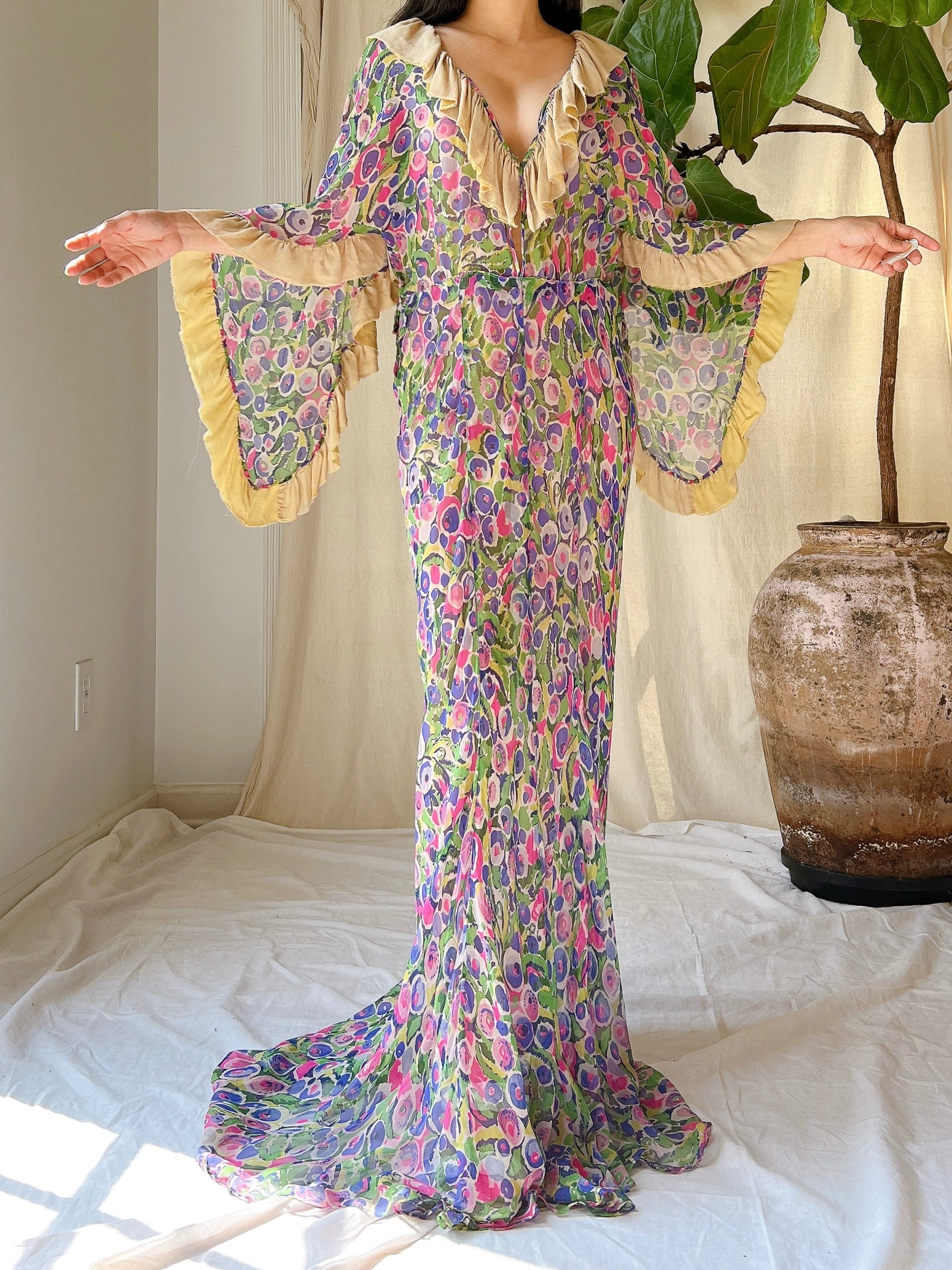 Rare 1930s Silk Chiffon Cape Sleeves Gown - S/M