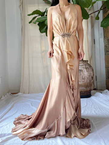 Vintage Silk Ombre Ruffle Front Gown - M
