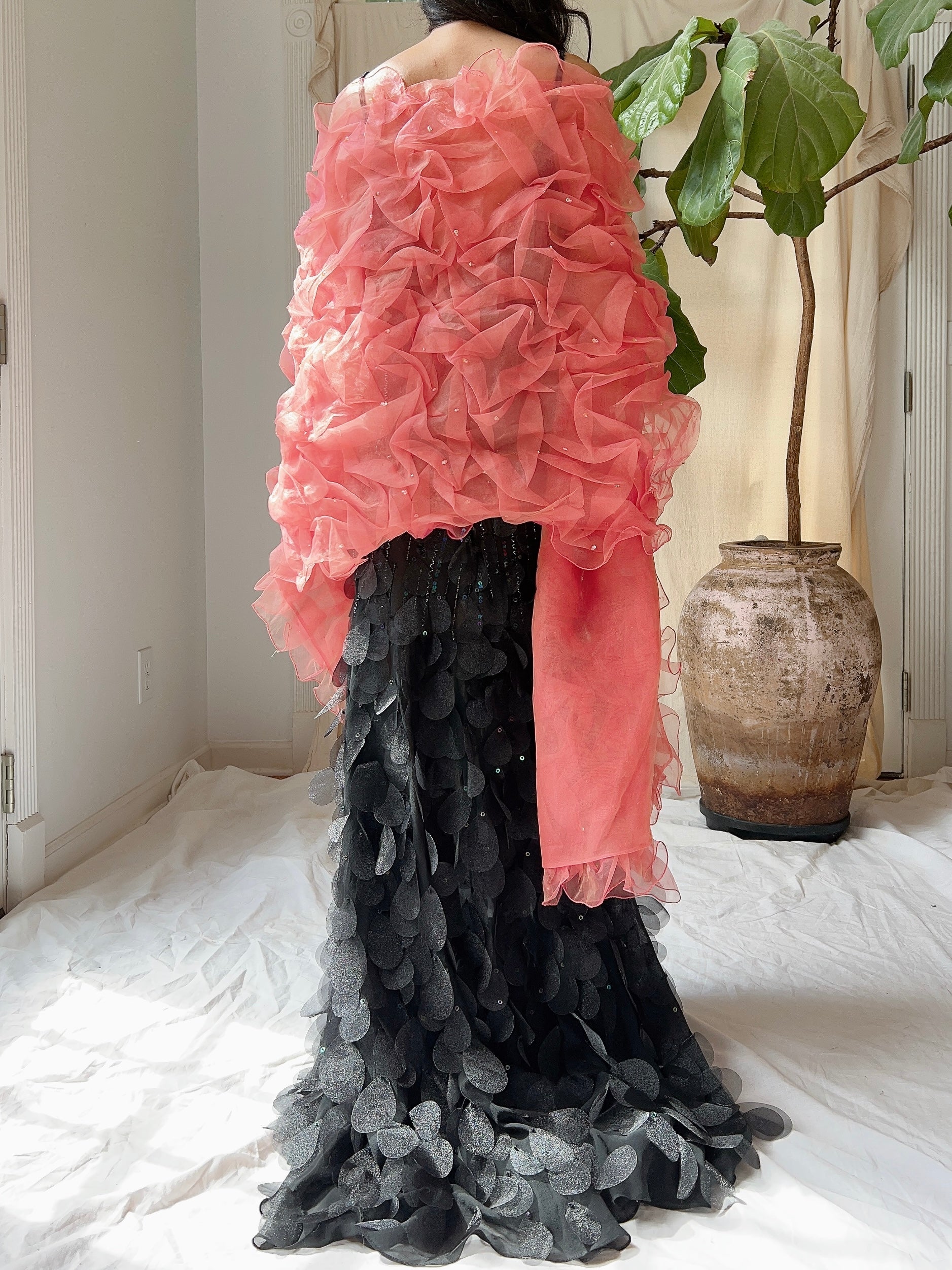 Vintage Organza Coral Ruche Shawl - OSFA