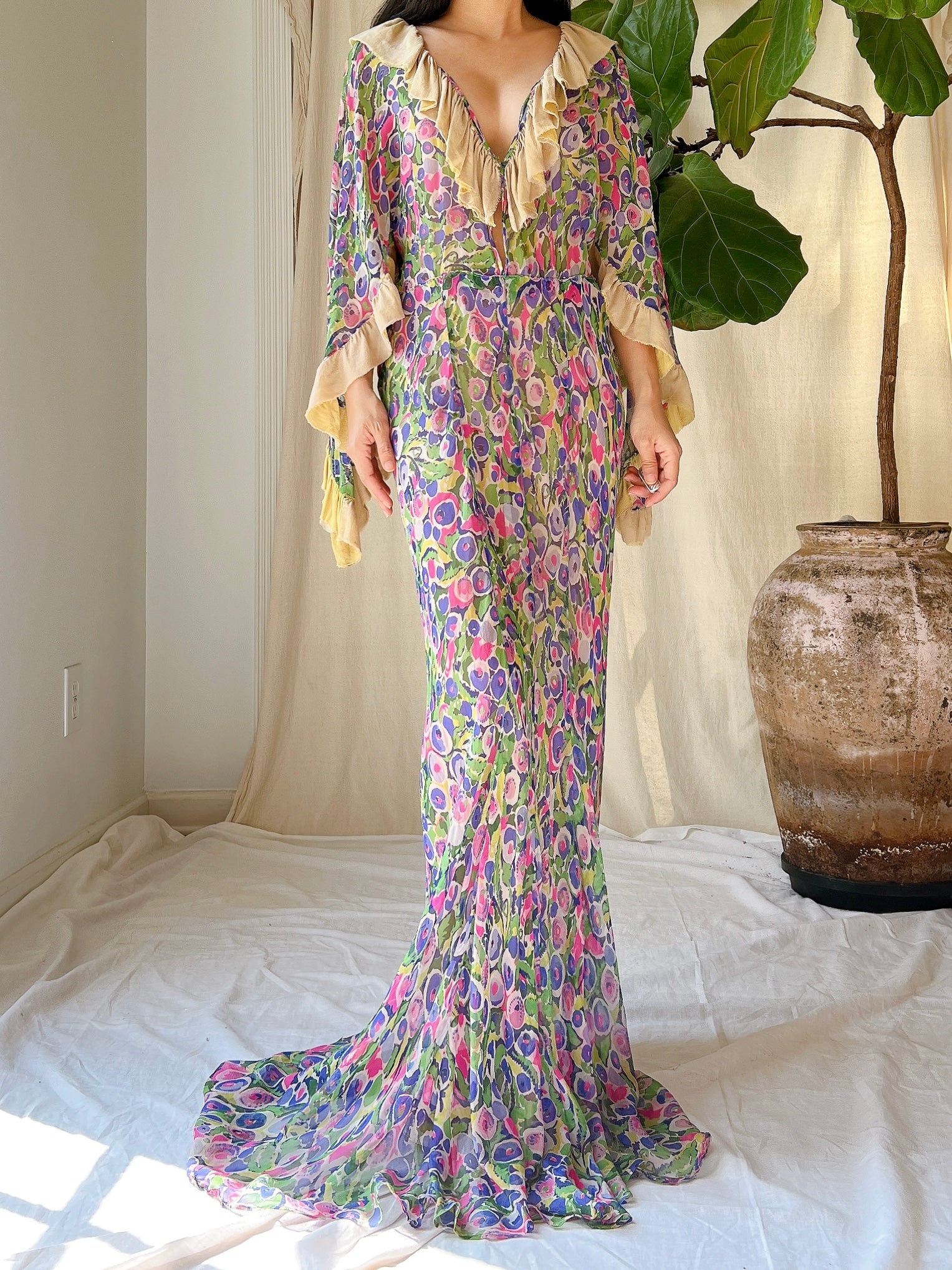Rare 1930s Silk Chiffon Cape Sleeves Gown - S/M