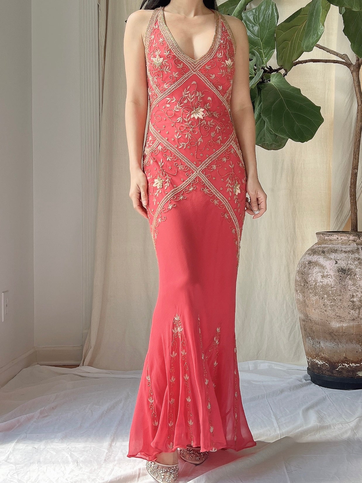 Vintage Coral Red Silk Bias Cut Dress - XS