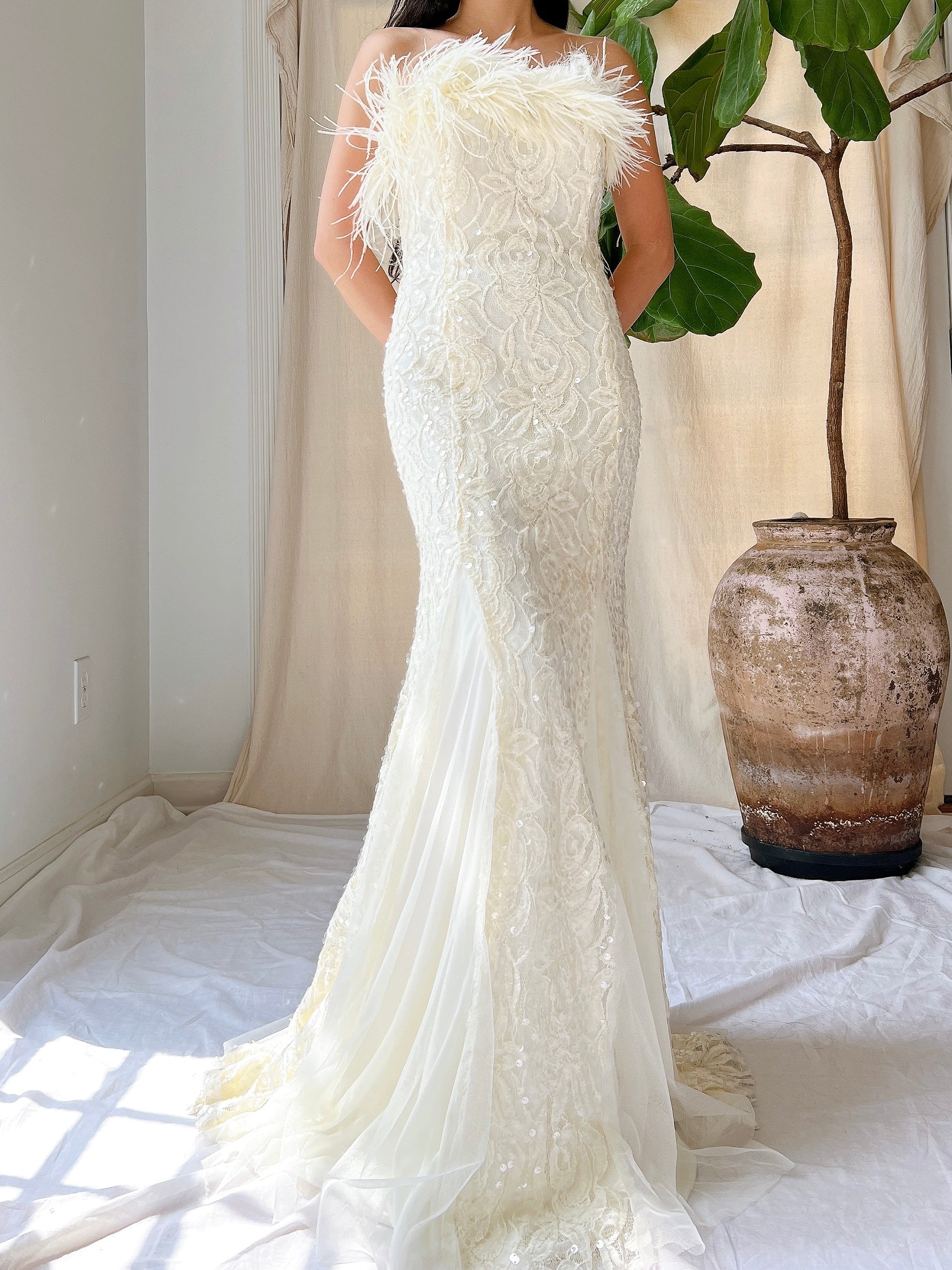 Vintage Strapless Lace and Feather Gown - XS