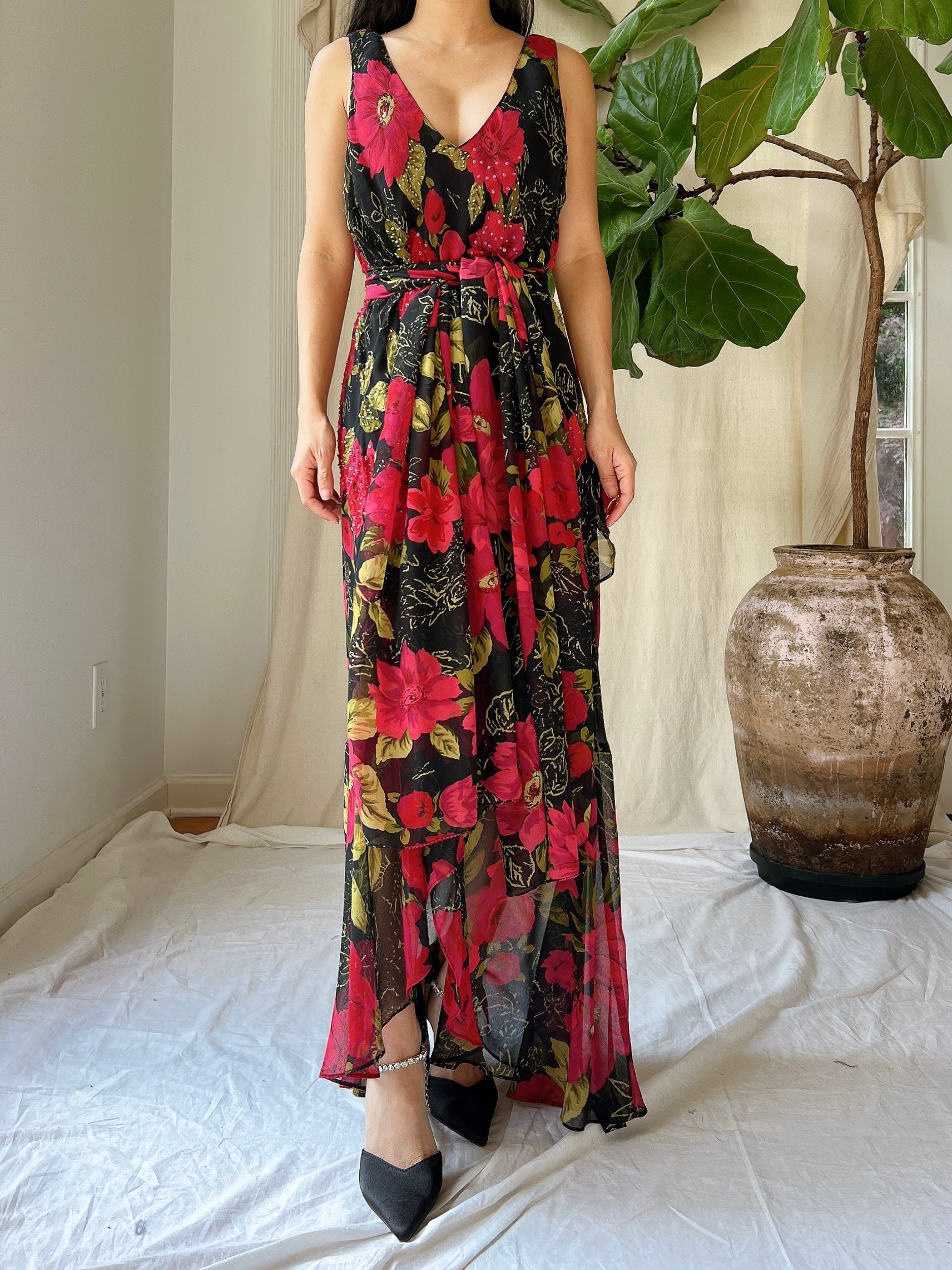 1980s Silk Chiffon Floral Dress - M