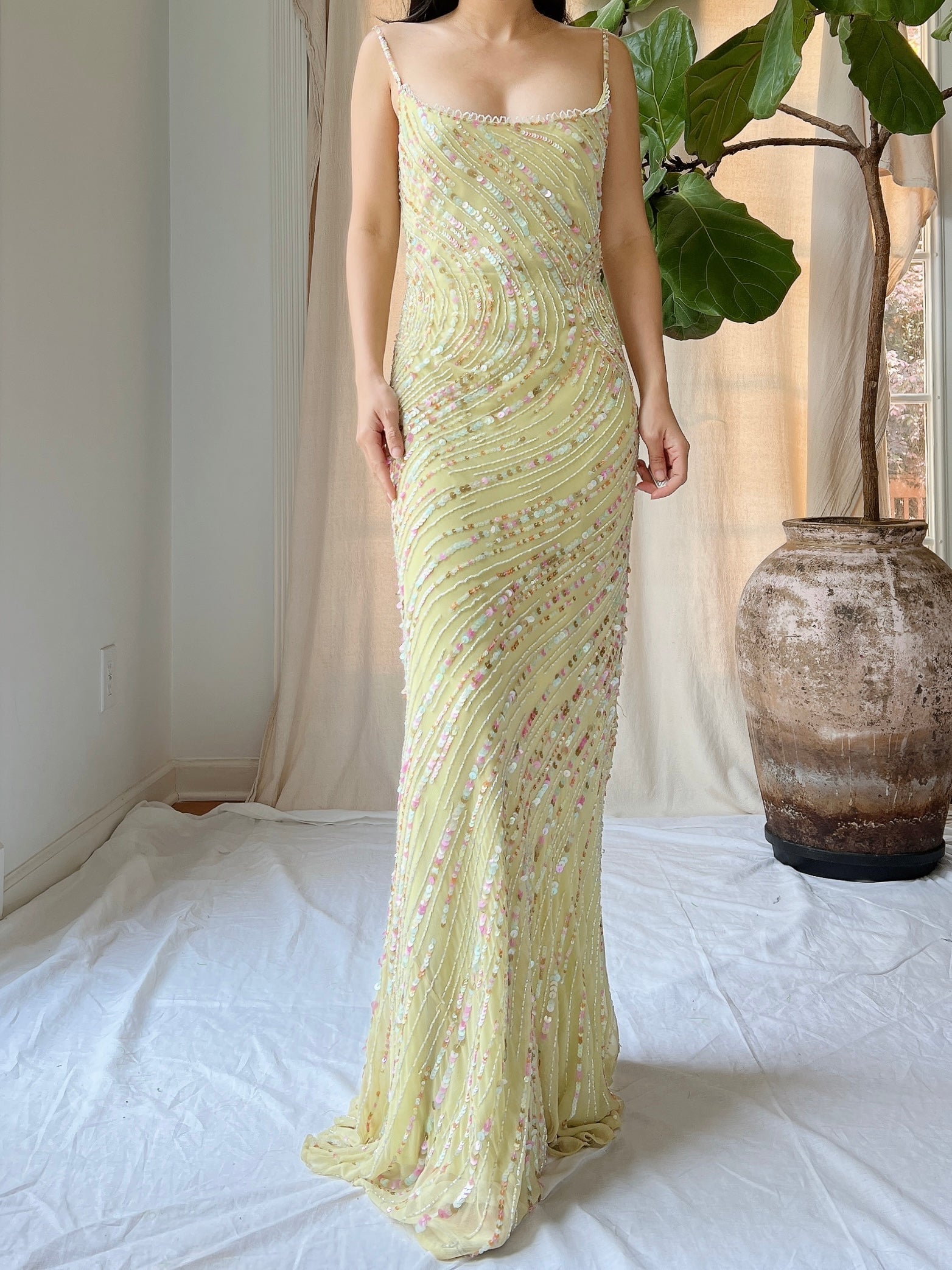 Vintage Chartreuse Silk Beaded Gown - M/L