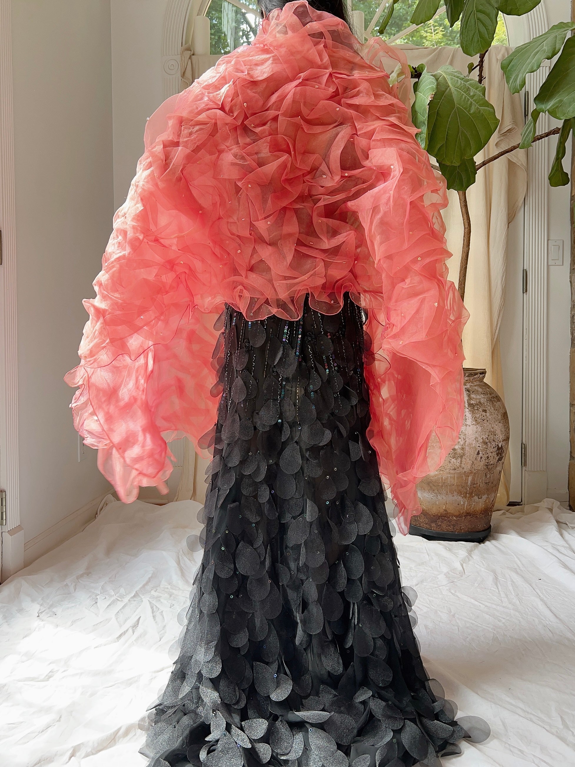 Vintage Organza Coral Ruche Shawl - OSFA