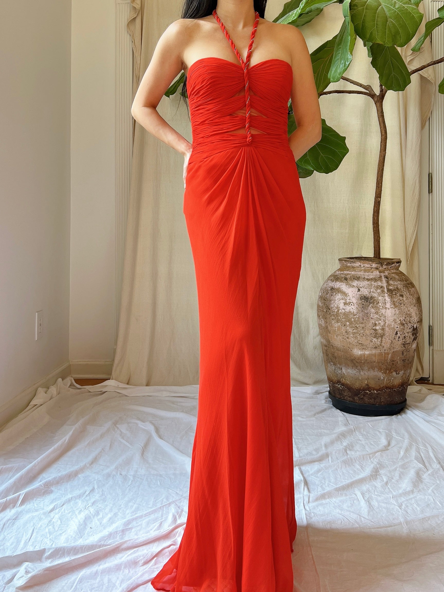 Vintage Silk Coral Cutout Bodice Gown - XS