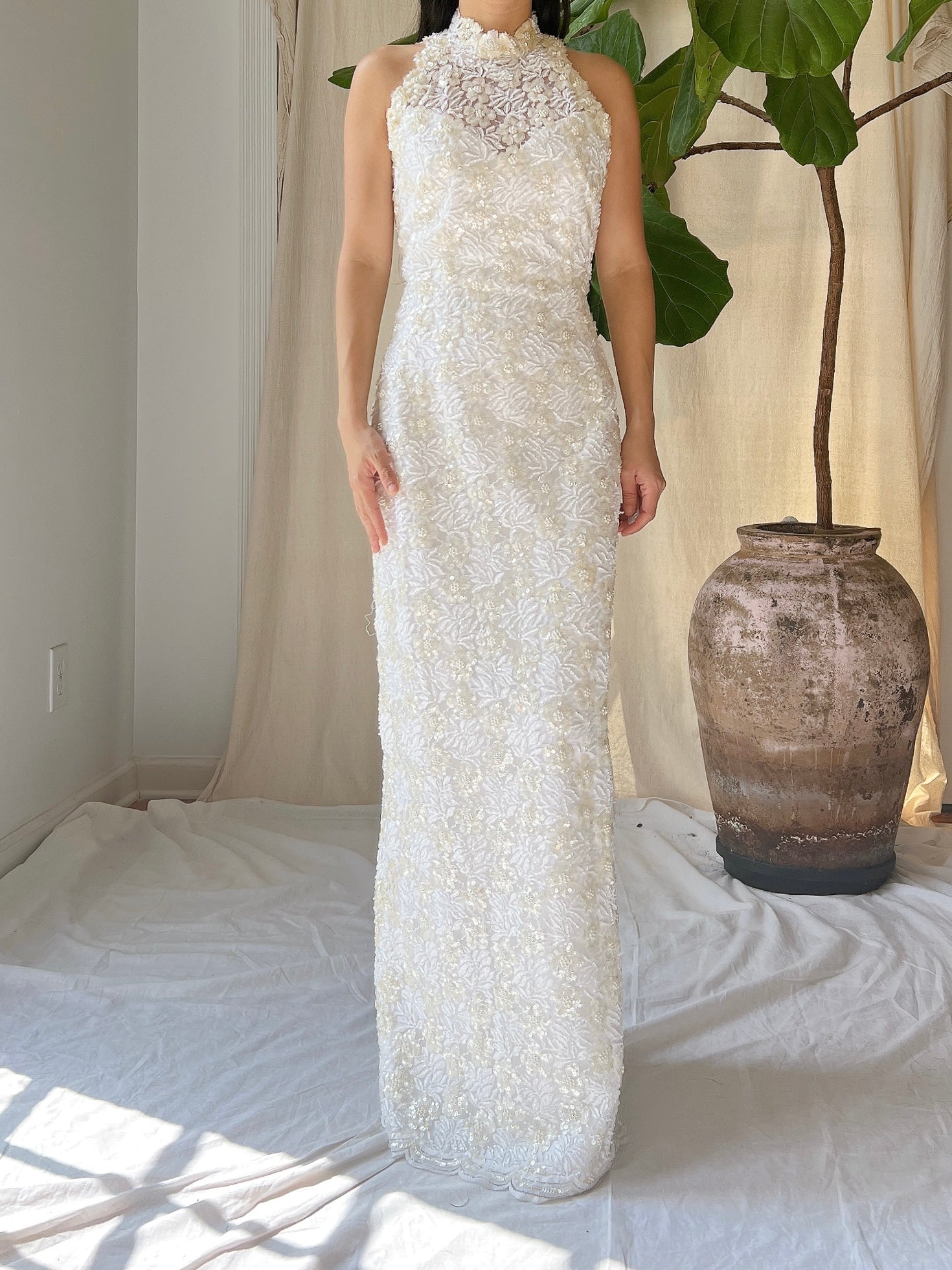 Vintage Ivory Lace Beaded Gown - XS