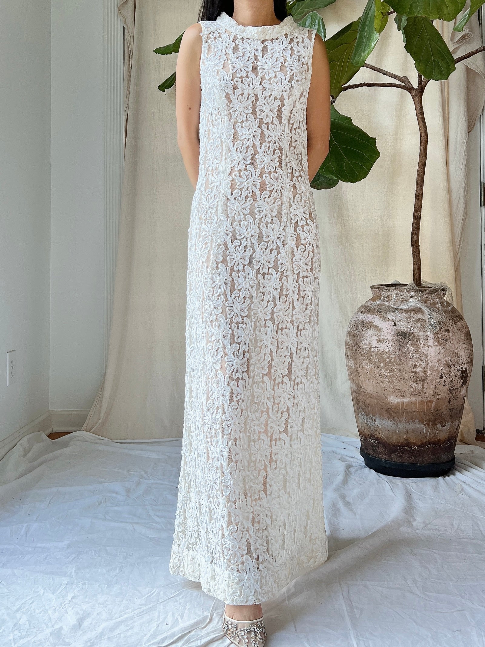 1960s Sheer Soutache Floral Dress - M