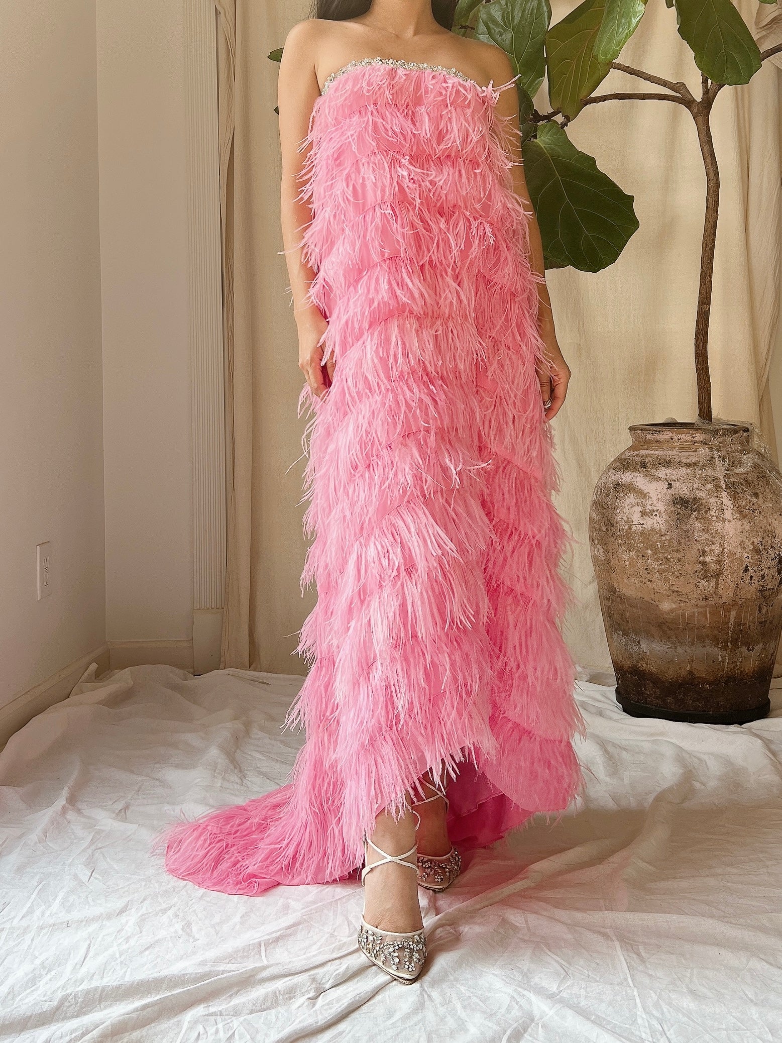 Pink Feather Tiered Dress - S-L