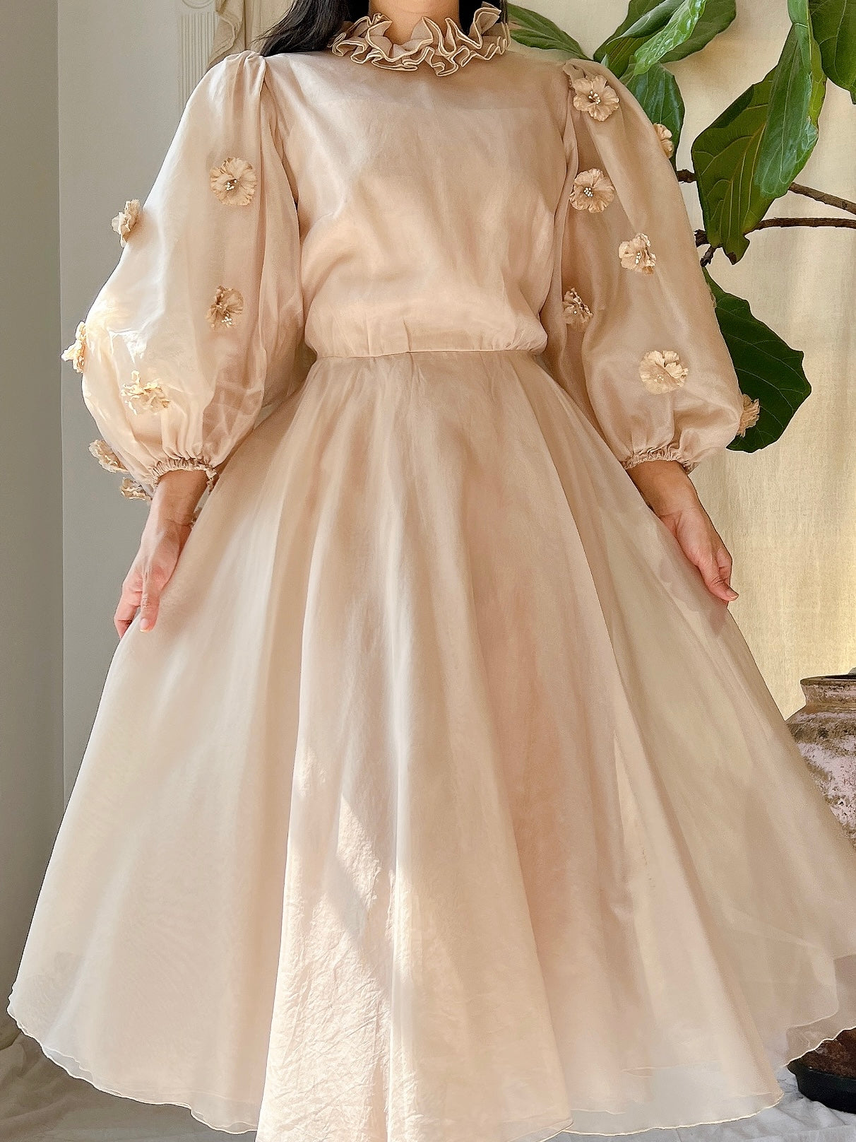 Rare 1960s Silk Organza Balloon Sleeves Dress - S/M
