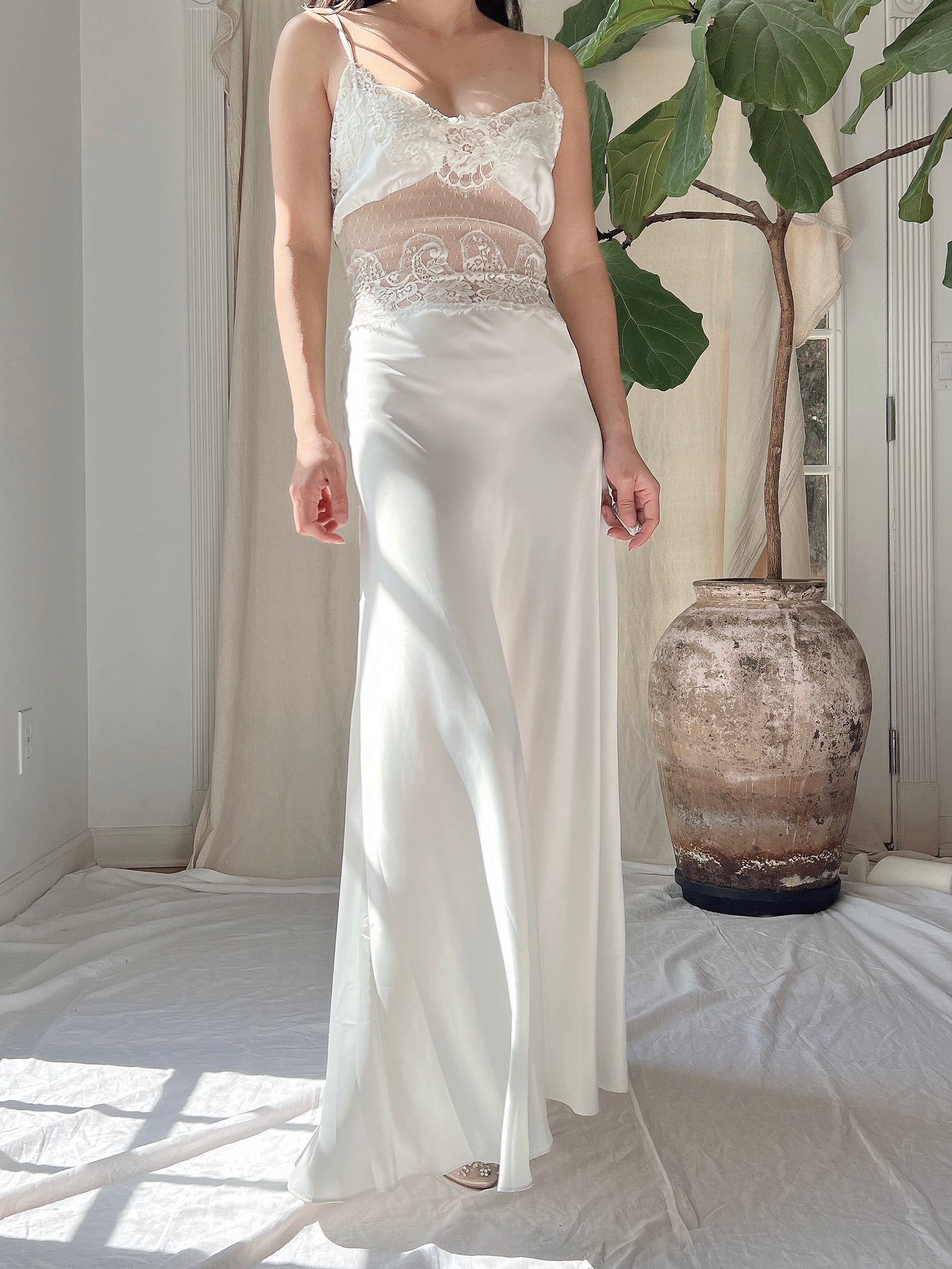 Vintage Satin Lace Panel Slip Dress - S/M