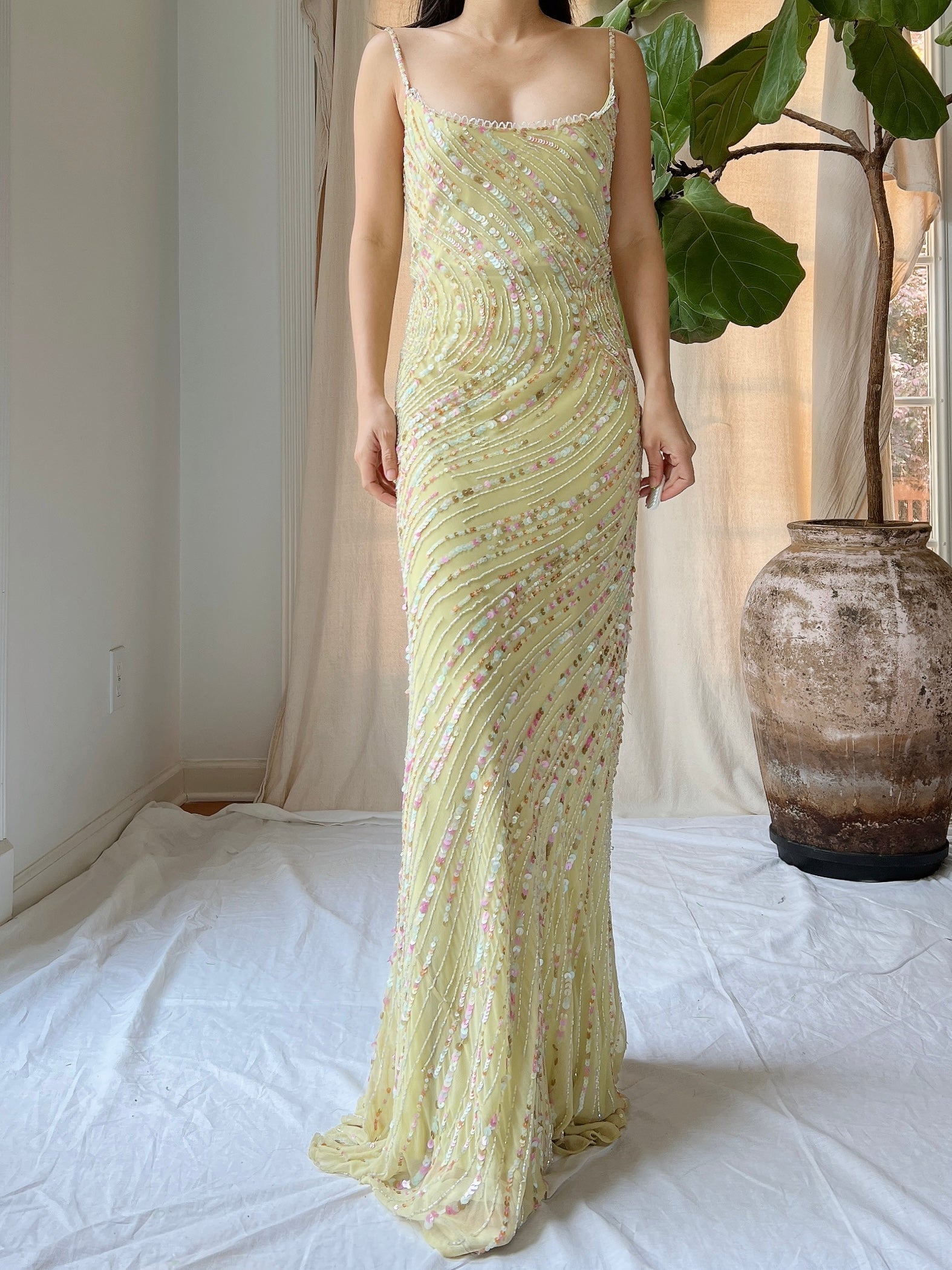 Vintage Chartreuse Silk Beaded Gown - M/L