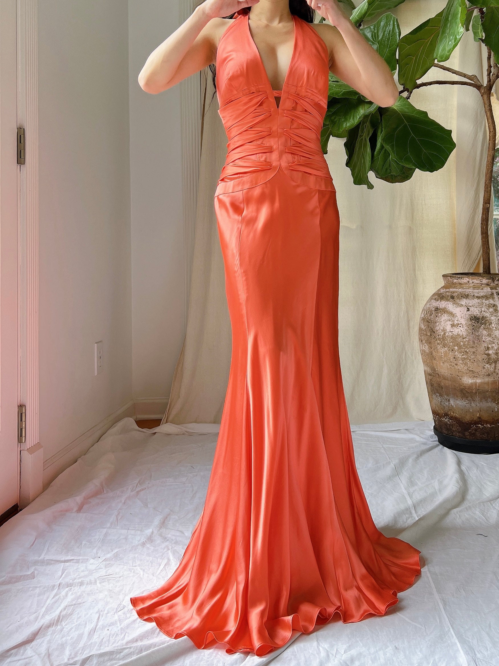 Vintage Silk Coral Plunge Gown - M
