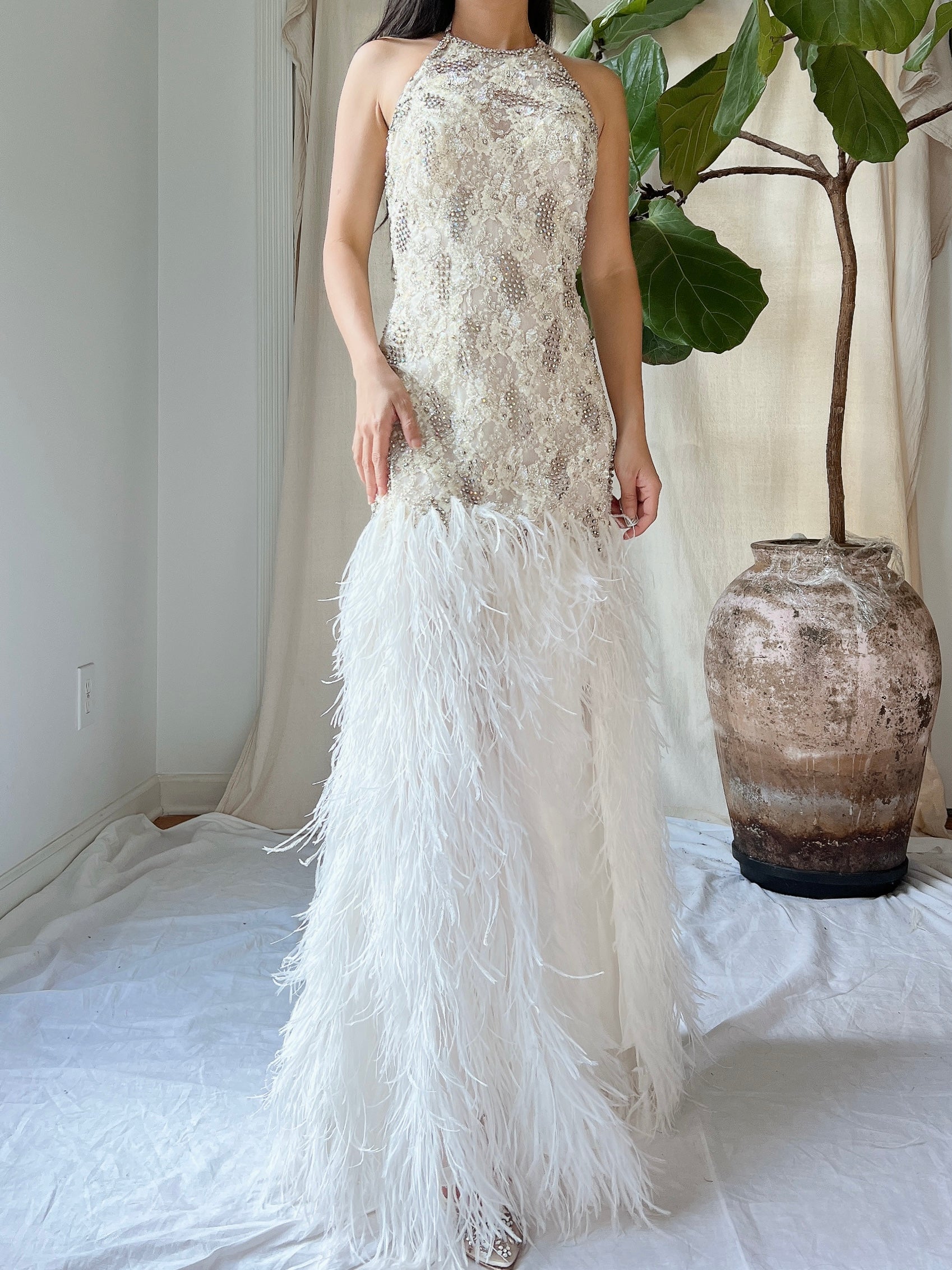 1990s Crystal Lace and Feather Gown - XS