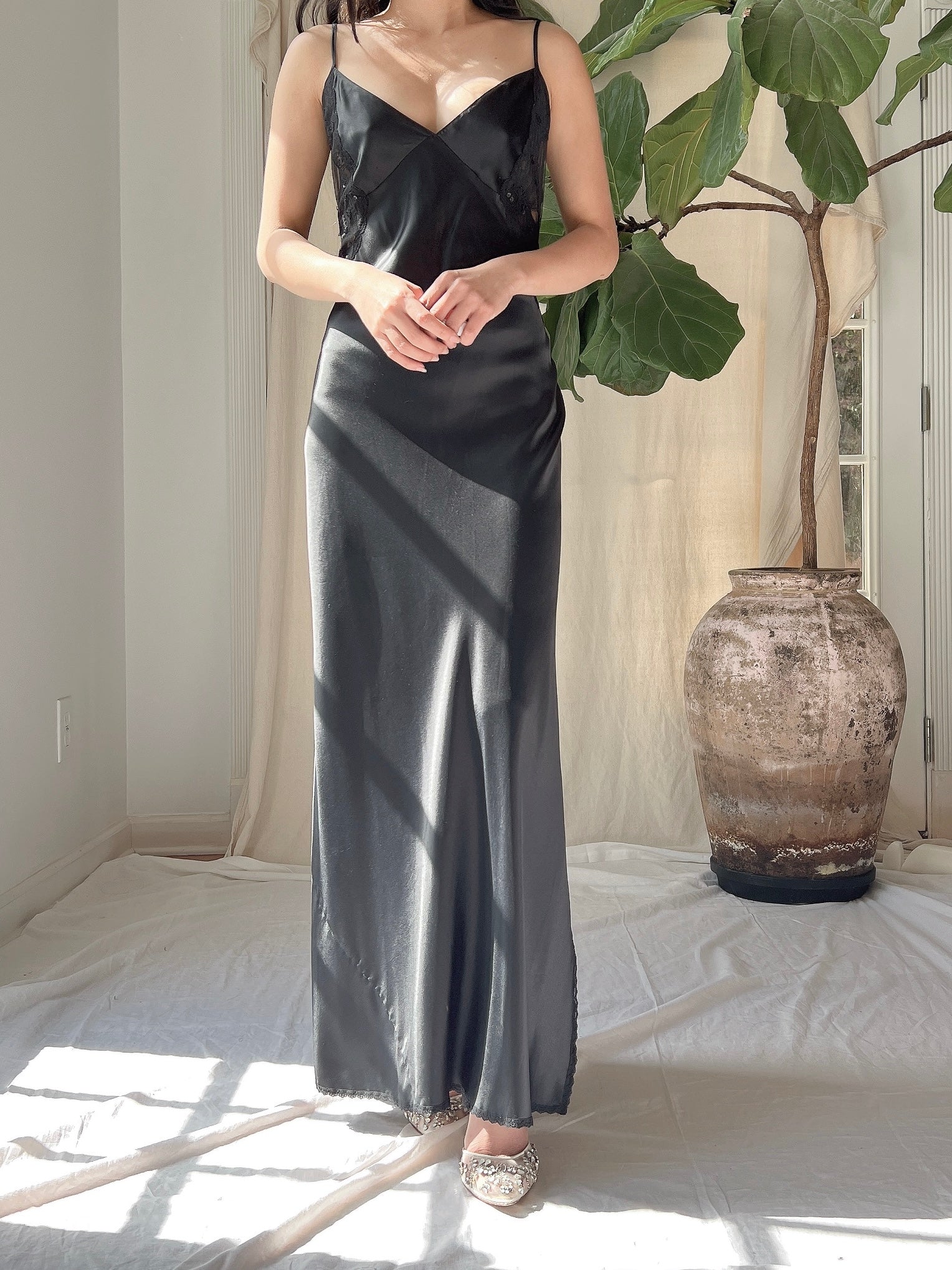 Vintage Black Satin Slip Dress - M