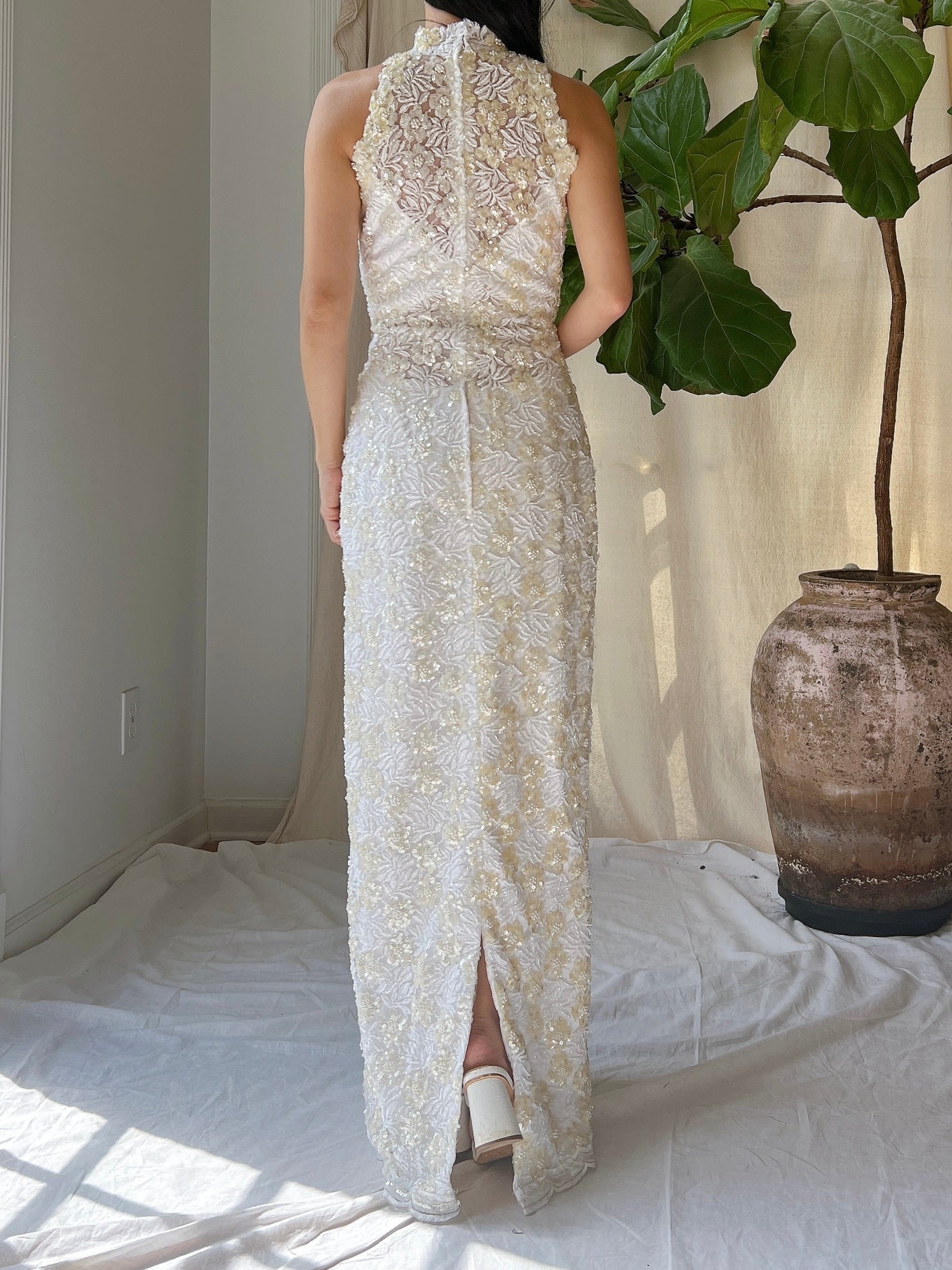 Vintage Ivory Lace Beaded Gown - XS