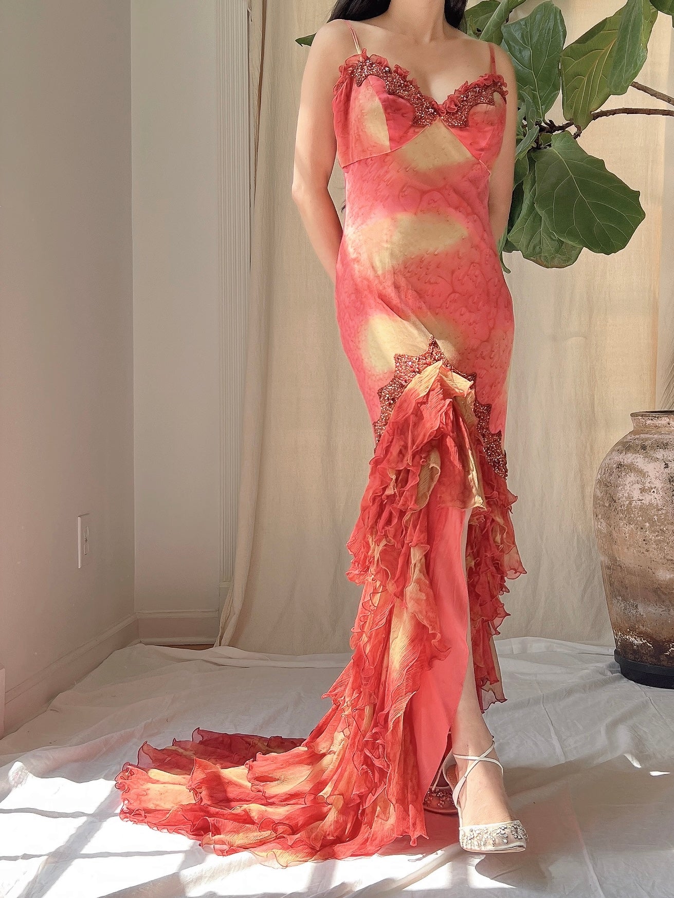 Vintage Silk Abstract Ruffle Dress - S