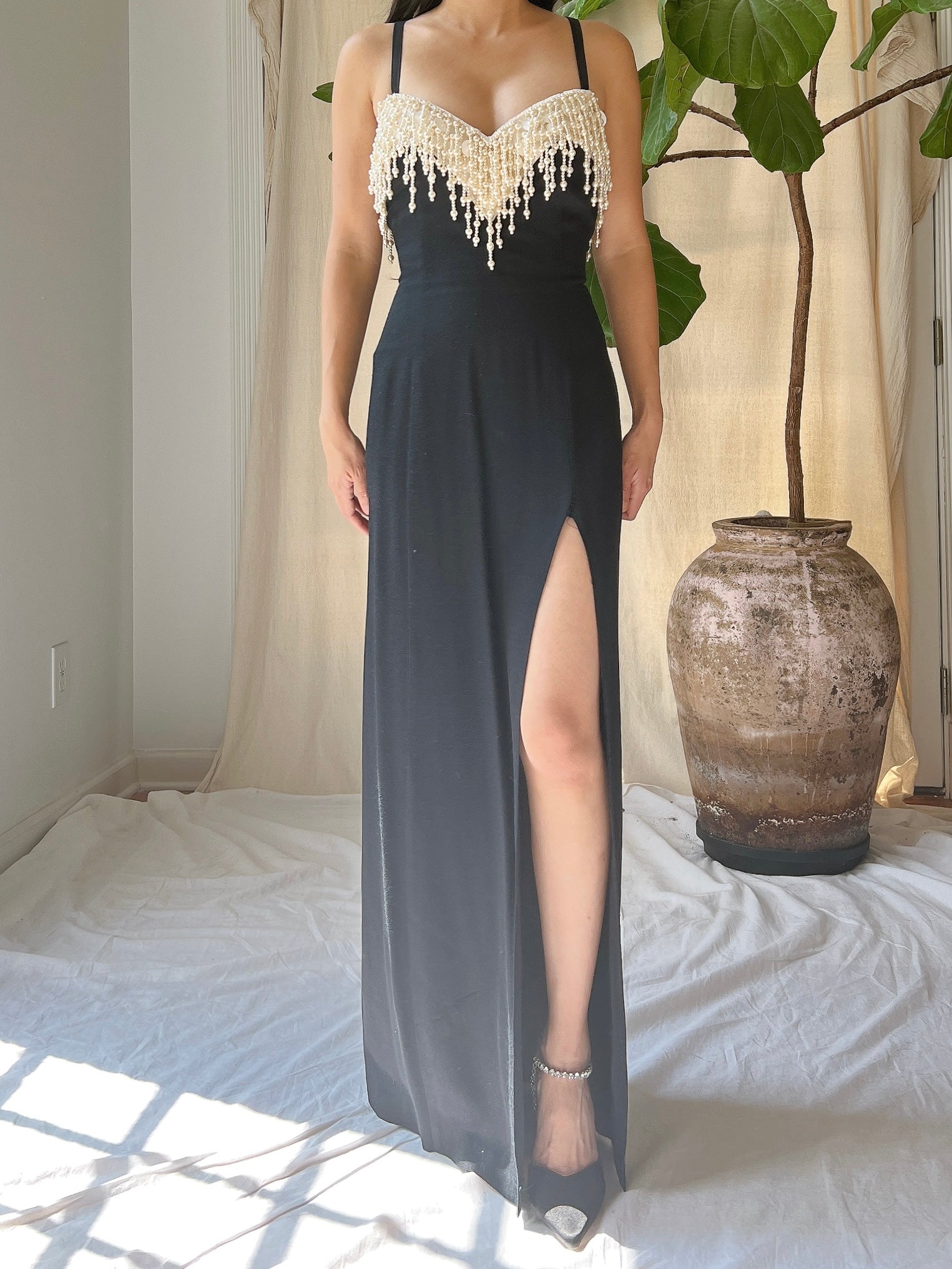 Vintage Rayon Pearl Tassel Bodice Gown - M