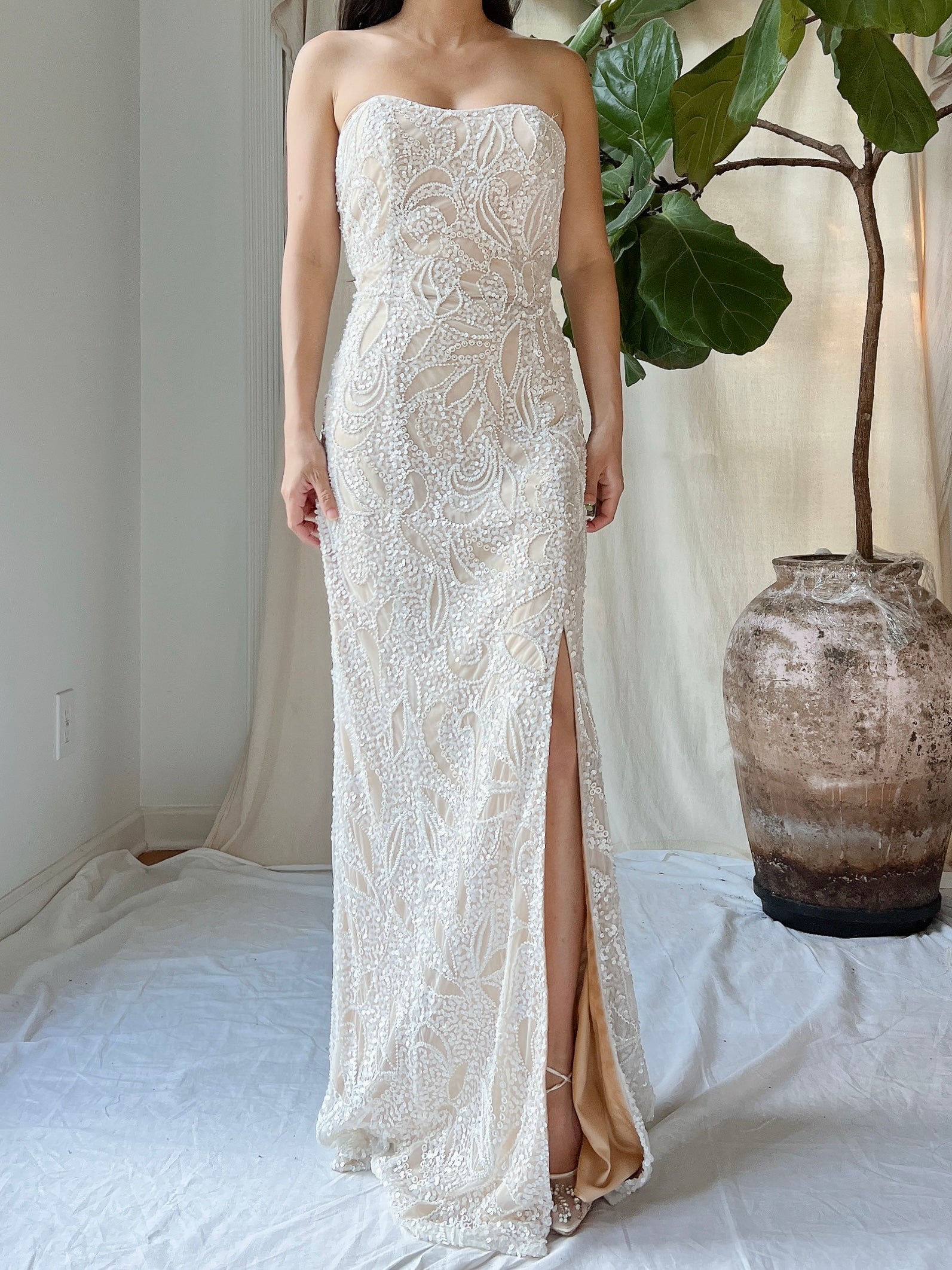 Y2K Ivory/Nude Beaded Gown - S