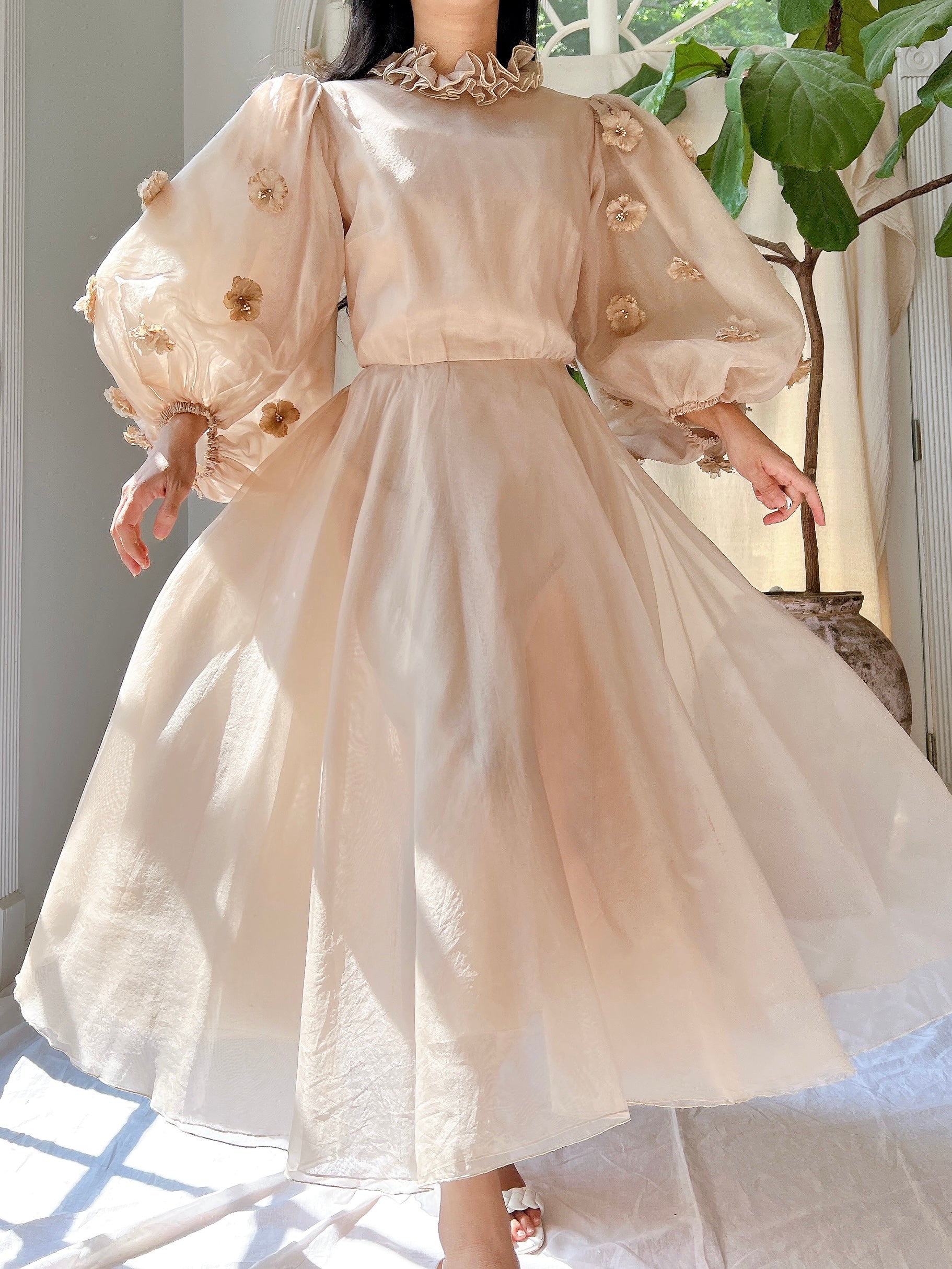 Rare 1960s Silk Organza Balloon Sleeves Dress - S/M