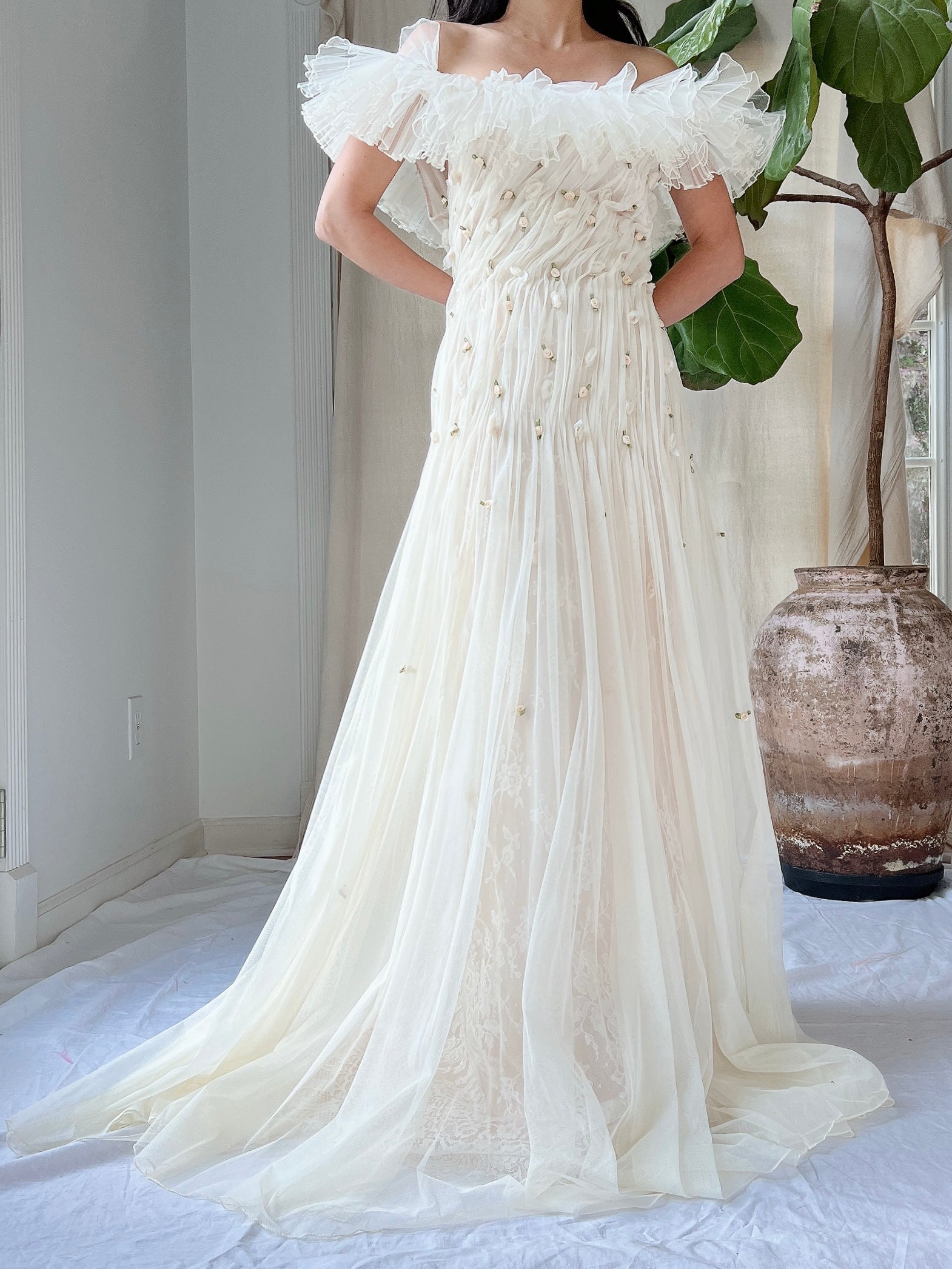 Vintage Italian Ruffles Silk Tulle Draped Dress - M/L