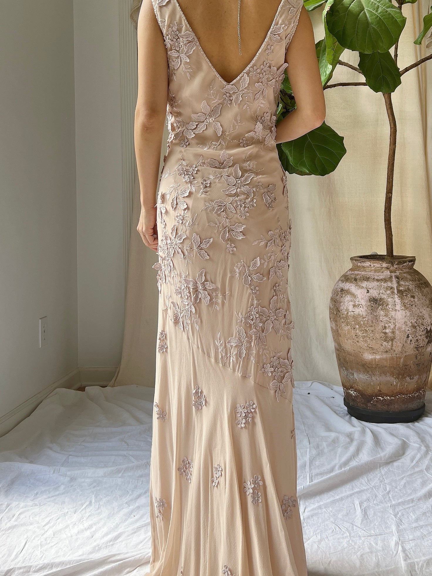 Vintage Silk Dusty Rose Applique Gown - M
