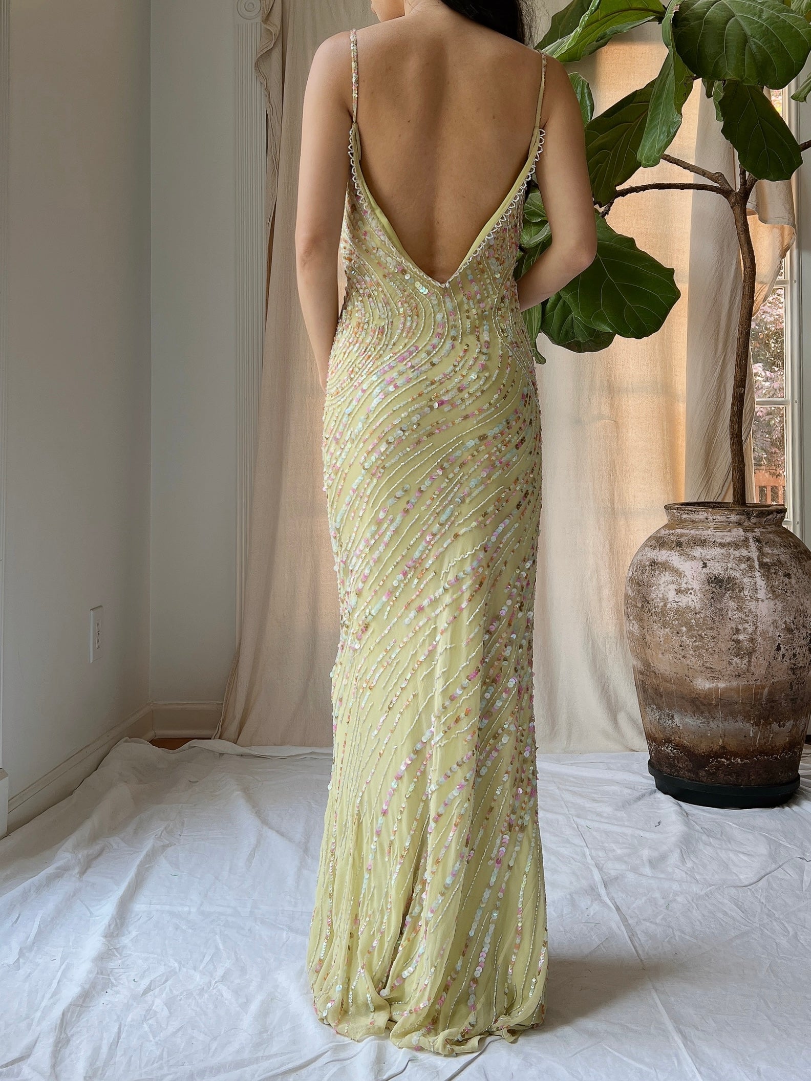 Vintage Chartreuse Silk Beaded Gown - M/L