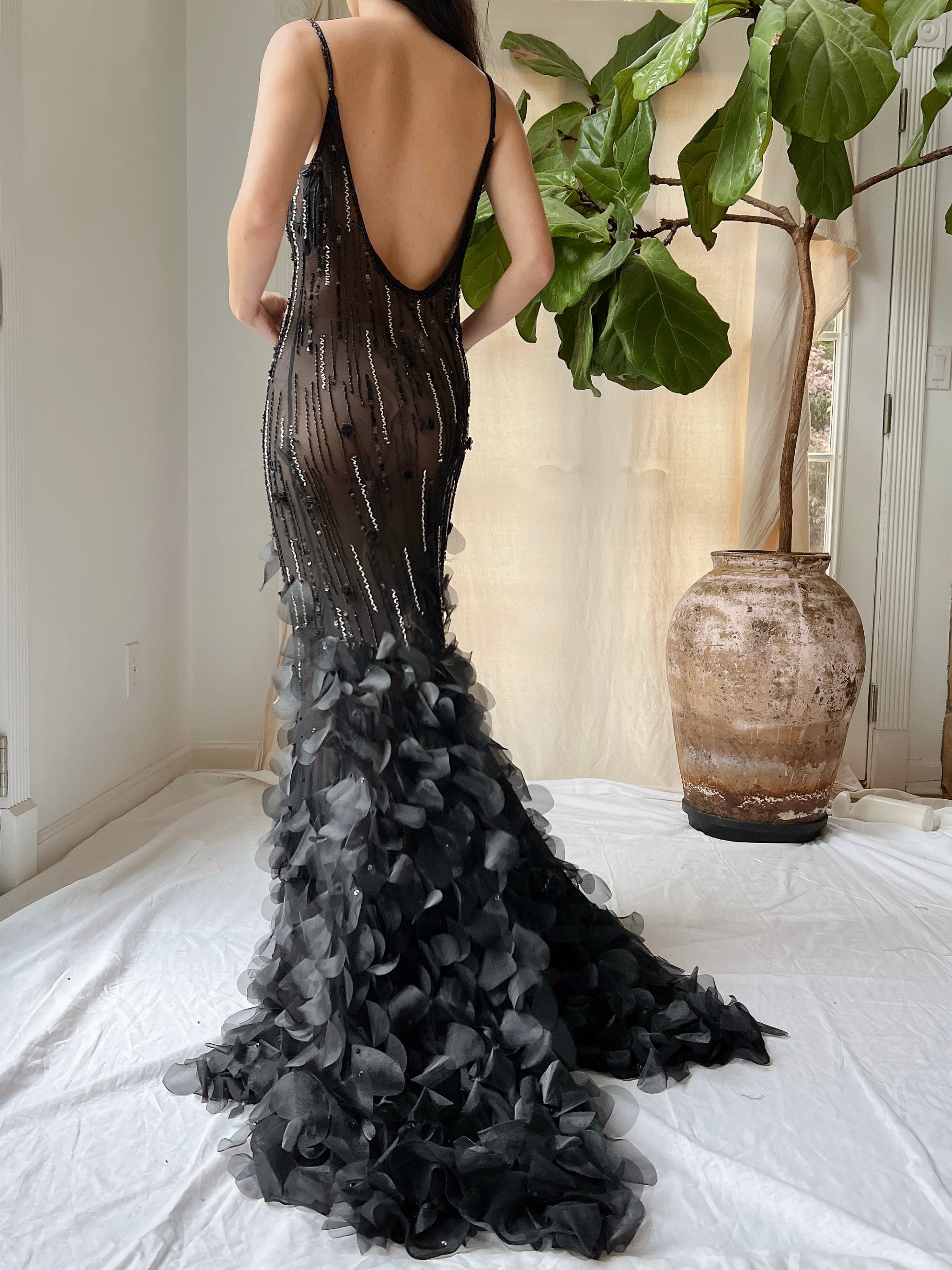 Vintage Silk Beaded Petal Dress - S-M