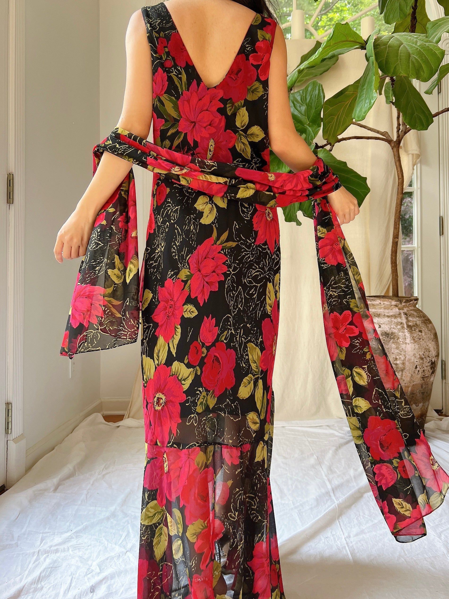 1980s Silk Chiffon Floral Dress - M
