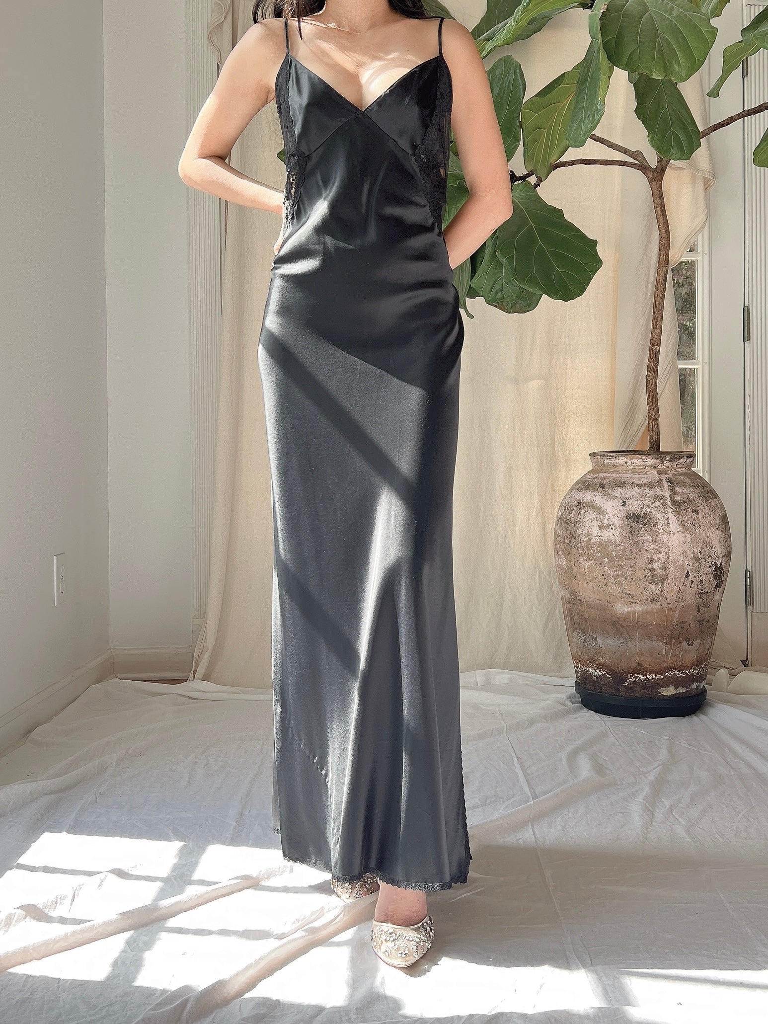 Vintage Black Satin Slip Dress - M