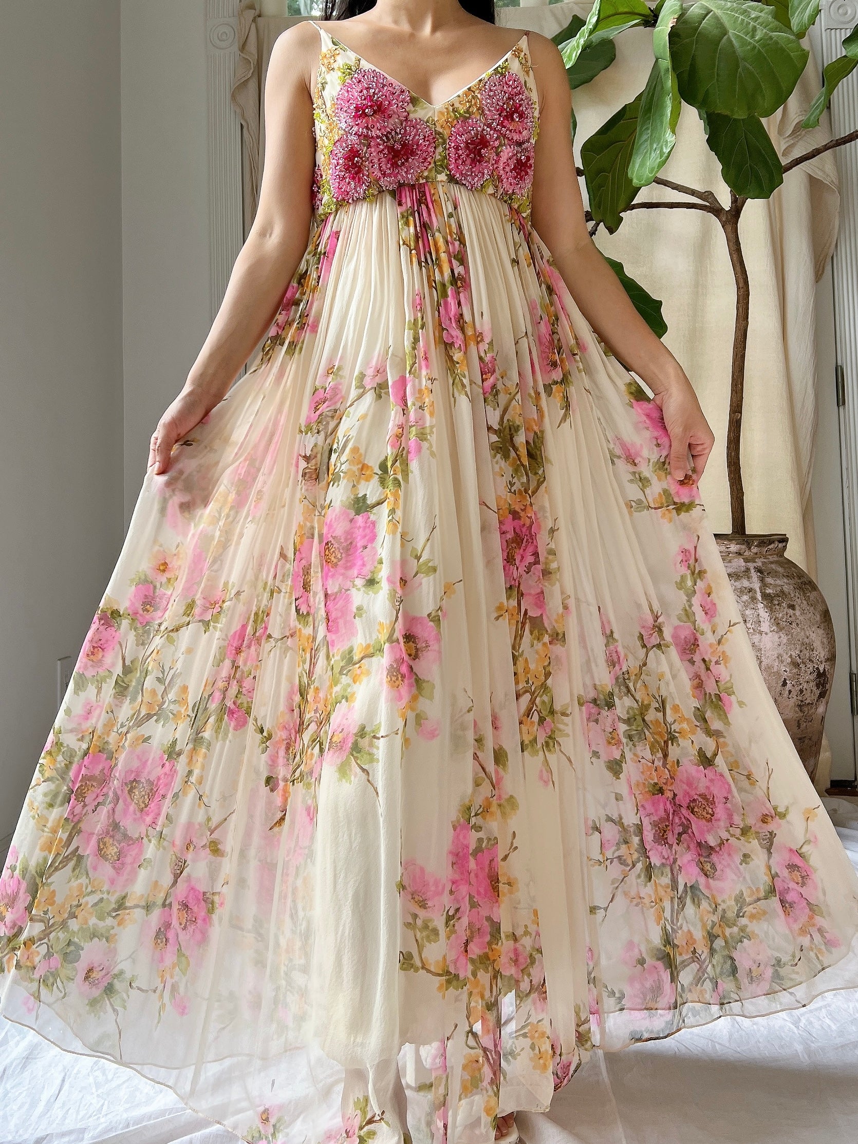 1960s Silk Floral Gown - S/M