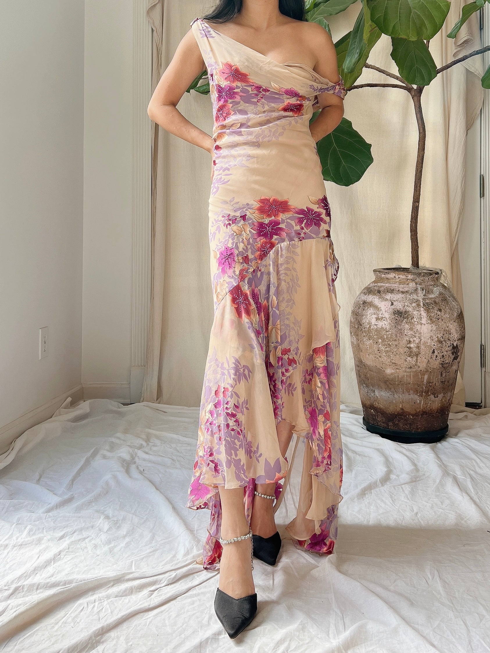 Vintage Silk Hi-Low Cowl Dress - M