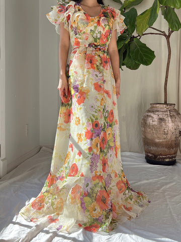 Vintage Floral Voile Dress - S